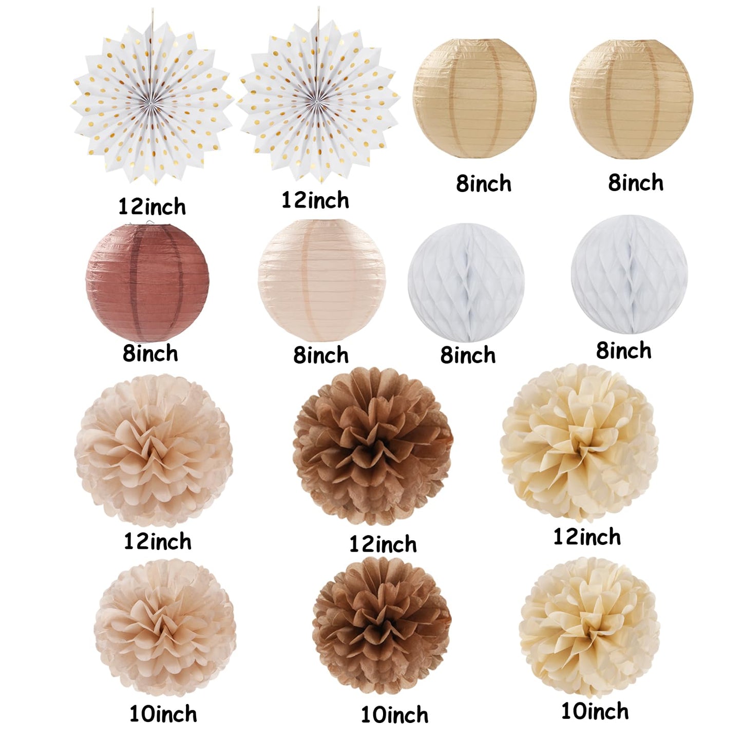 Boho Baby-Shower Party-Decorations Streamers-Lanterns - 14pcs White Brown Champagne Neutral Birthday Wedding Bridal Paper Fan,Tissue Pom