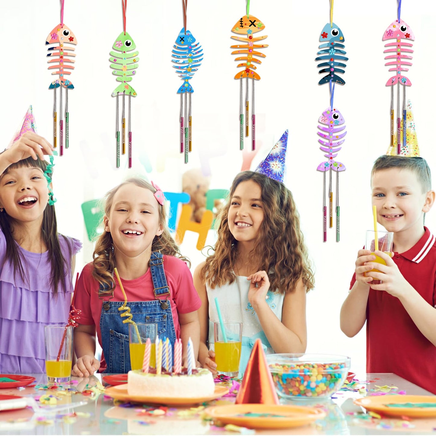 Fennoral 30 Pack Wind Chime Kit Make Your Own Fish Wind Chime Wooden Arts and Crafts for Girls Boys Ornaments DIY Coloring Spring Summer Craft