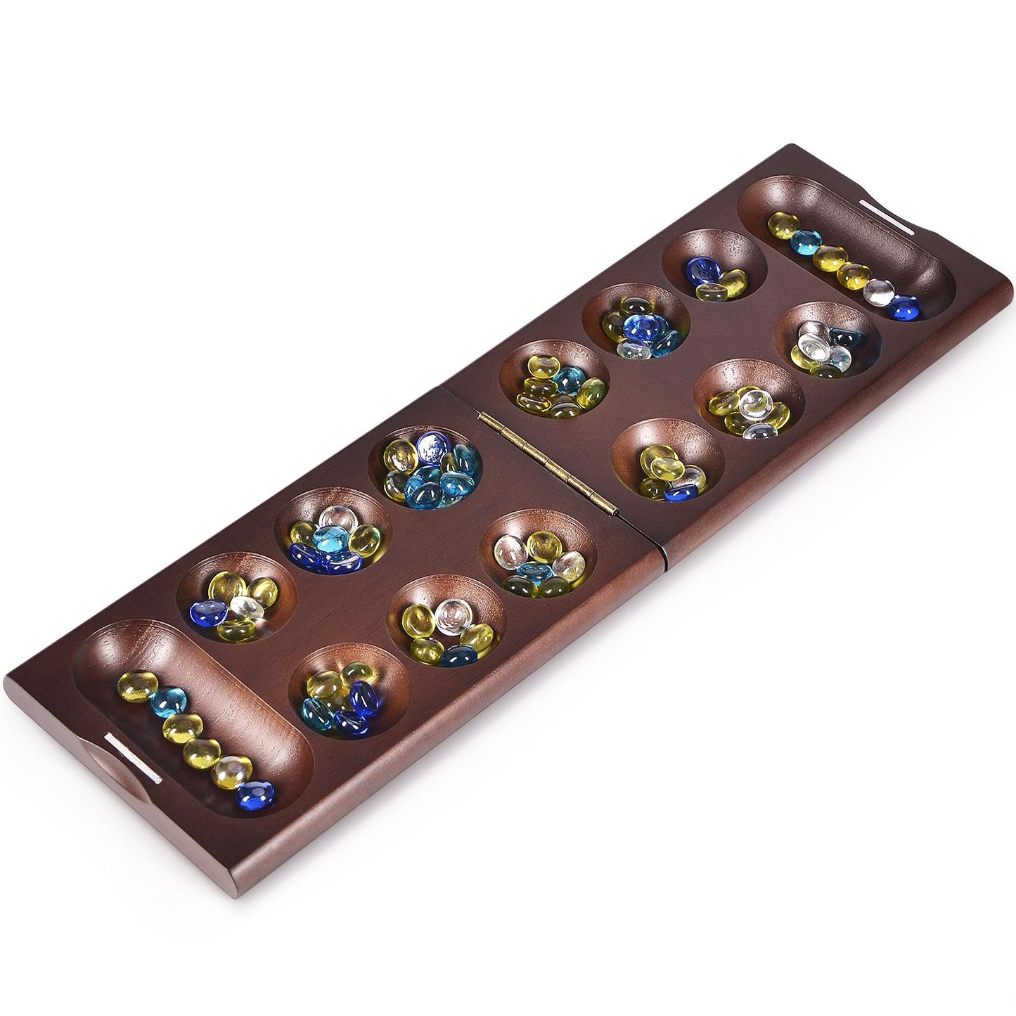 VAMSLOVE Wooden Mancala Board Game with Magnetic Lock / 48+8 Extra Multi Color Glass Stones, Folding Mancala Set for 2 Player, 6 Age and Up