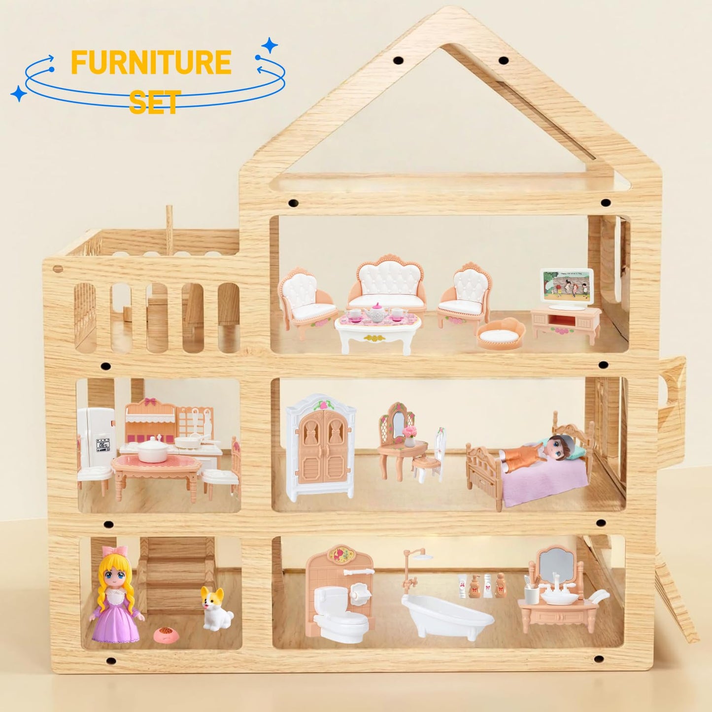Princess Dollhouse Furniture Set, 48 Piece Luxury Miniature Accessories Collection with Living Room, Bathroom, Bedroom?Kitchen, TV Entertainment Set