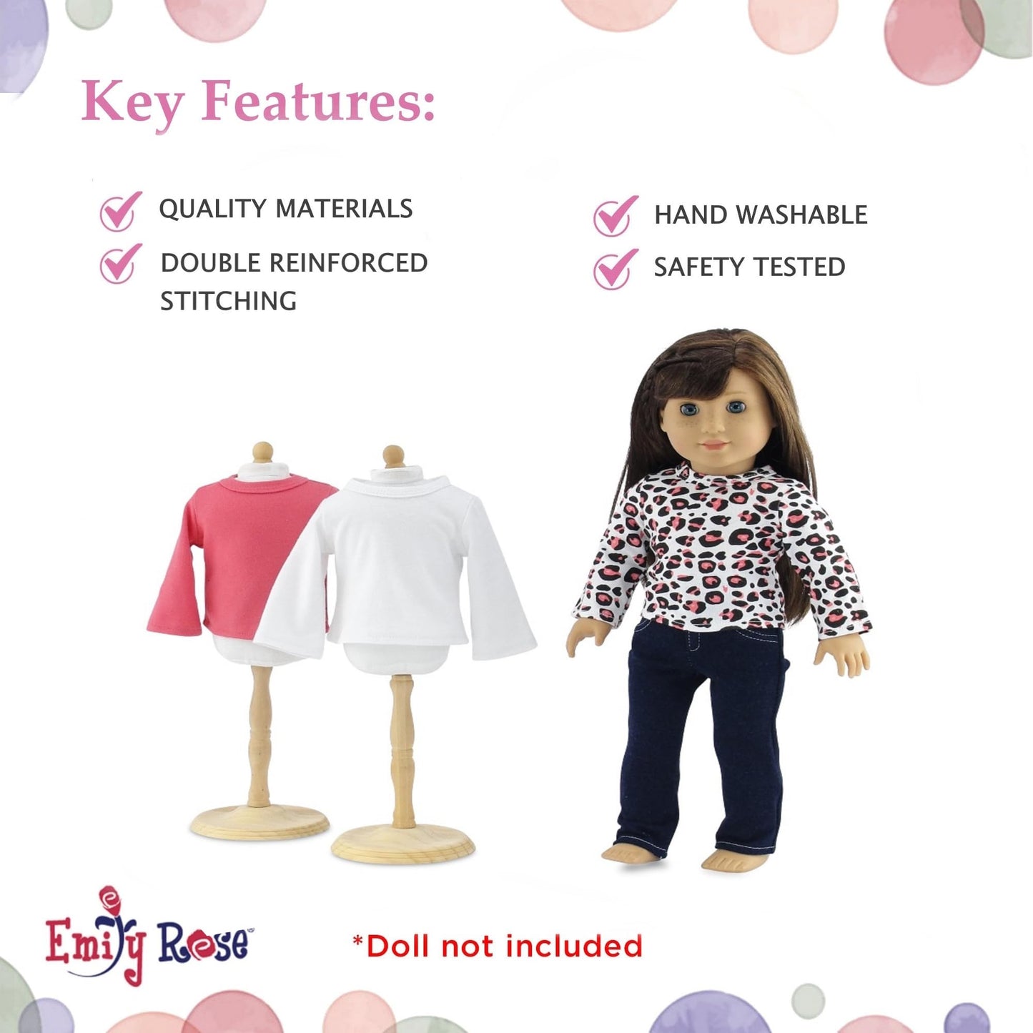18 Inch Doll Jeans Outfit - Emily Rose 4PC Stretch Skinny Blue Jeans + 3 Long Sleeve Doll T-Shirts (White Pink Cheetah) - Basics Wardrobe Set for 18”