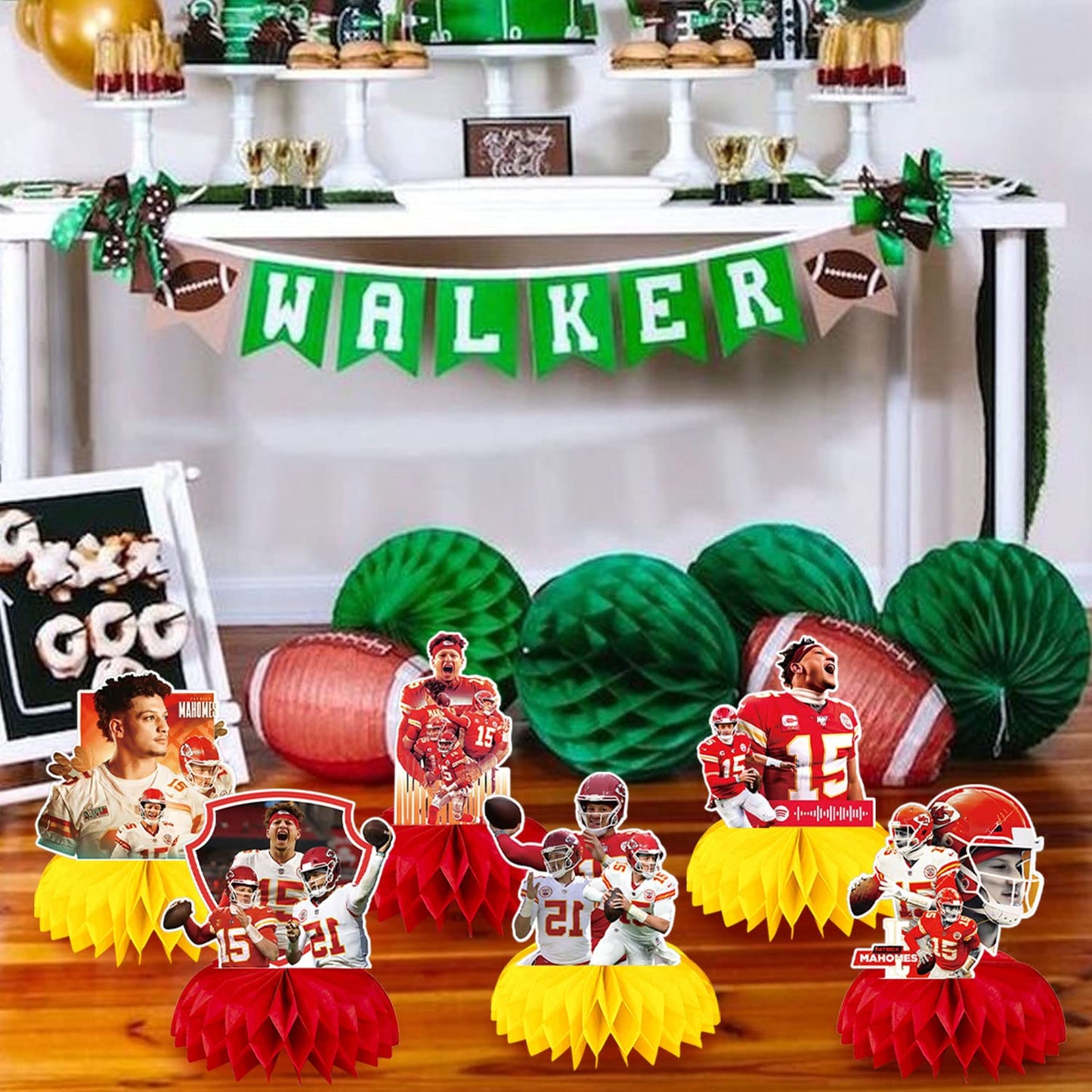 Patrick Mahomes Party Decorations Honeycomb Centerpiece, 7 Pieces American Football Star Theme 3D Double Side Cake Toppers Table Centerpieces, Photo