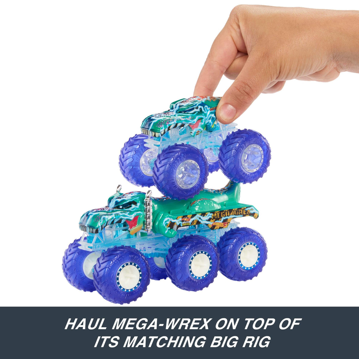 Hot Wheels Monster Trucks Multipack, 1:64 Scale Mega-Wrex & Tiger Shark Toy Trucks with Big Rigs in Matching Power Smashers Deco