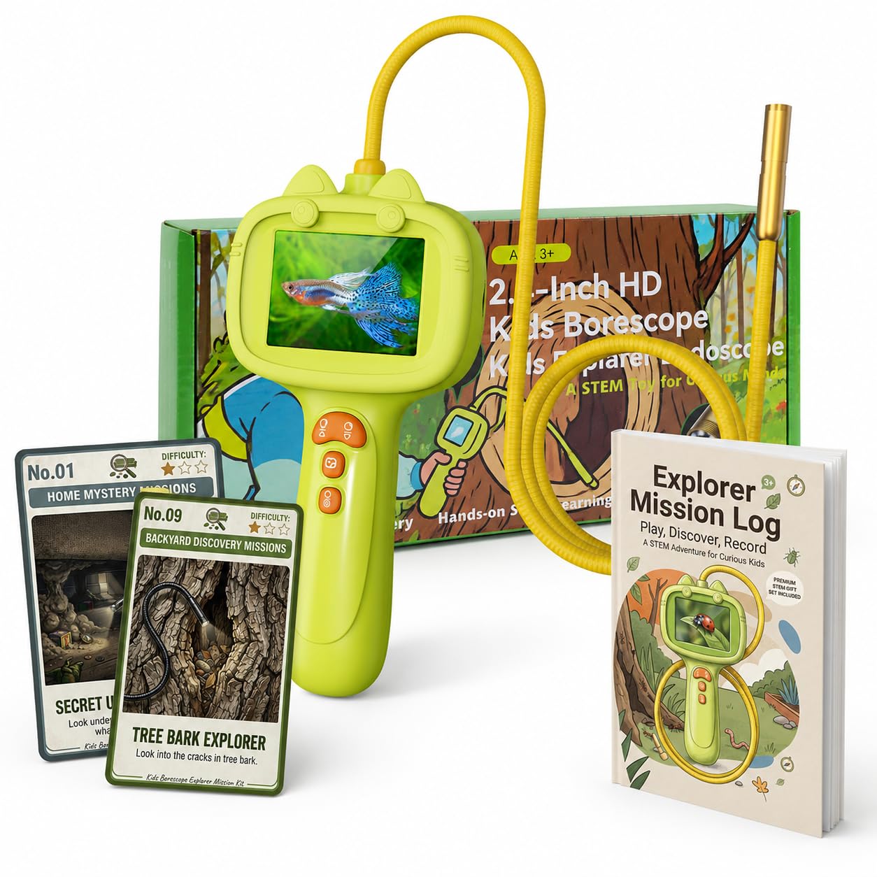Kids Borescope Camera with Guide & 24 Mission Cards, Age 5-10 STEM Toy Gift