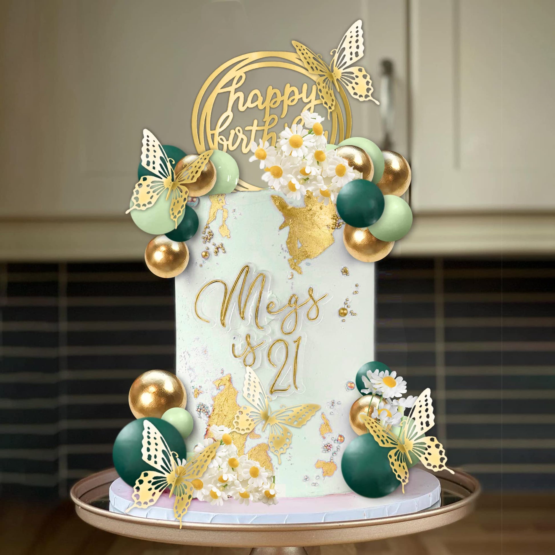 41 PCS Green Balls Cake Topper Butterfly Cake Decorations Happy Birthday Cake Topper for Wedding Flower Themed Birthday Supplies (Green)