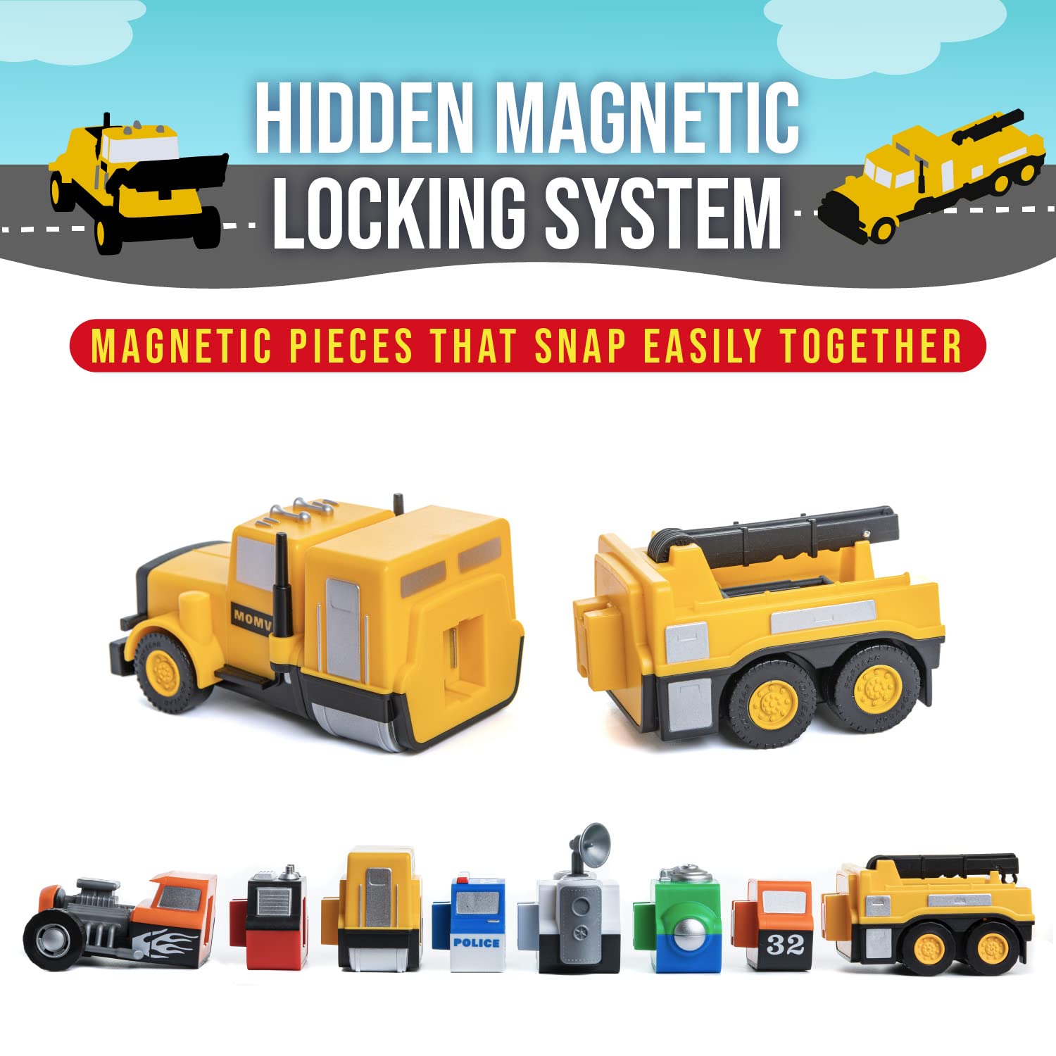 Popular Playthings Magnetic Vehicles for Toddlers 1-3, Mix or Match Car Toys, Set of 3 Gift for Kids - Construction Vehicles
