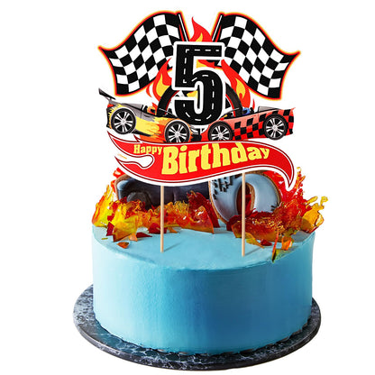Maitys Race Car 5th Birthday Cake Topper Race Car Theme Birthday Party Supplies Checkered Flag Cupcake Decorations Photo Props for Five Years Old
