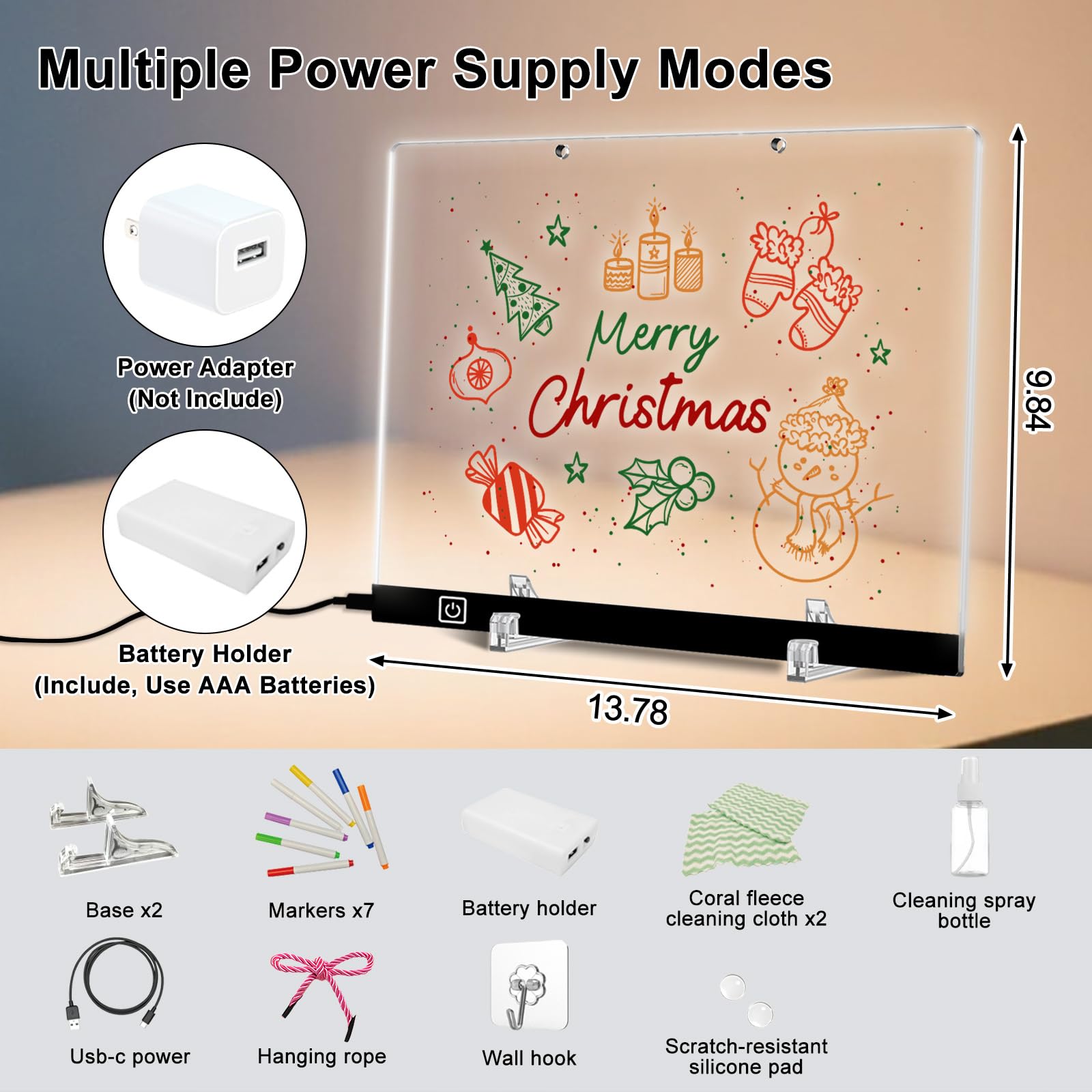 LESOON LED Glow Note Board, 13.75" Acrylic Drawing Board, 7 Colors 4 Light Modes, with Markers & Stand, Gift for Kids