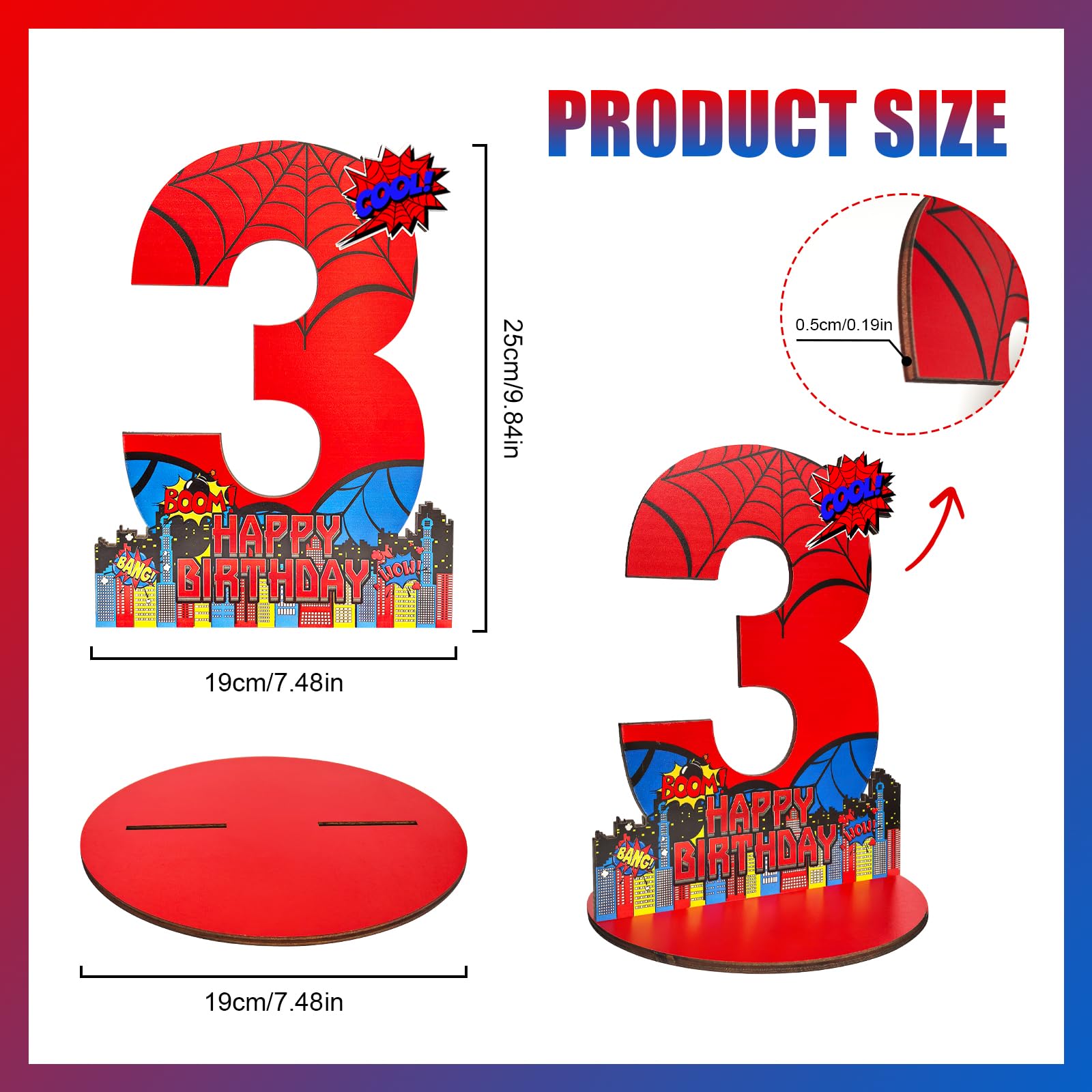 JHGCVX Spider 3rd Birthday Number Sign Centerpiece, Spider Theme 3rd Number Stand Sign, Wooden Table Decoration Photo Props for Spider 3rd Birthday