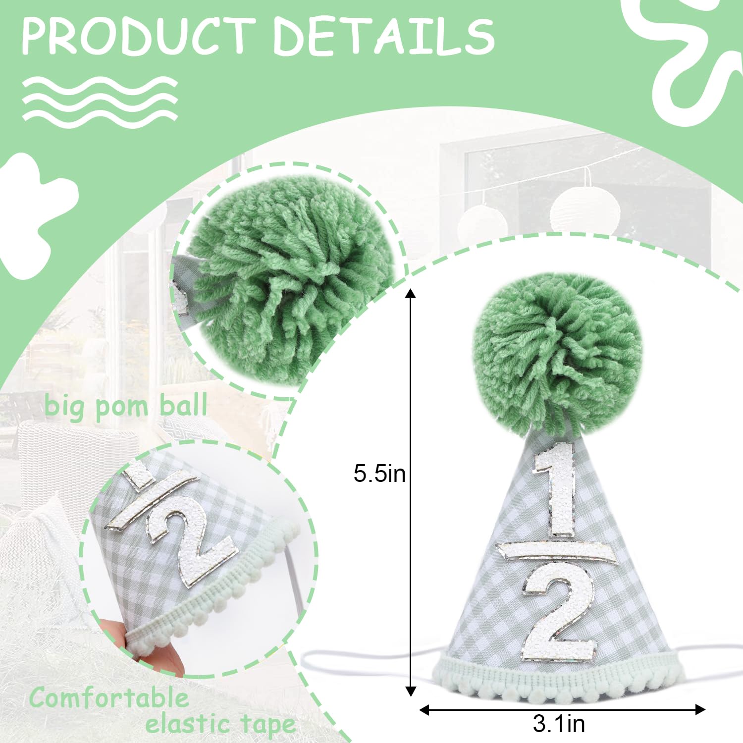 WAHAWU 1/2 Birthday Hat - Cutie Six Months Party Decorations, Green Glitter Half Party Crown, 1/2 Birthday Hat Costume Headwear, For He Or Her Cake