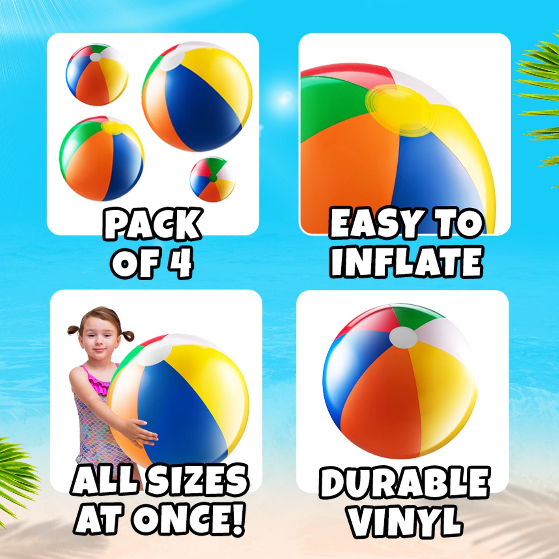 Inflatable Beach Balls (4-Pack) Rainbow Pool Ball Toys in 4 Assorted Sizes