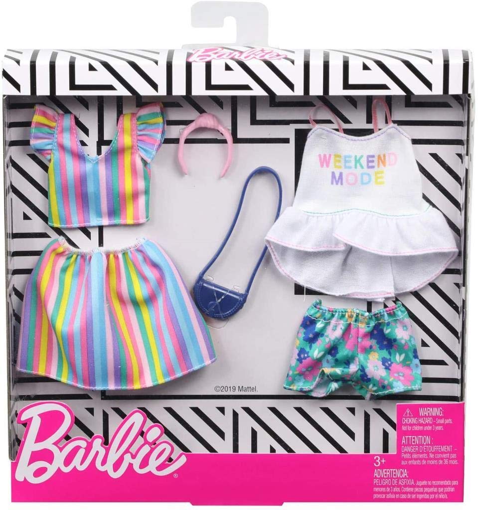 Barbie Clothes -2 Outfits Doll Include a Top with ‘Weekend Mode’ Graphic, Floral Shorts and a Striped Top and Skirt with Purse and Headband, Gift