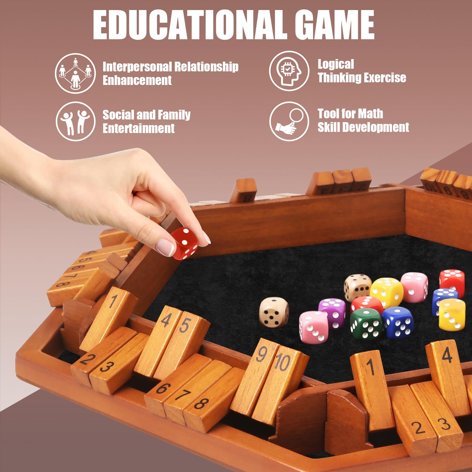 Toidgy 1-6 Players Shut The Box Dice Games, Wooden Board Table Math Game with 16 Dice and Instructions, Classics Close The Box Board Game for Adults