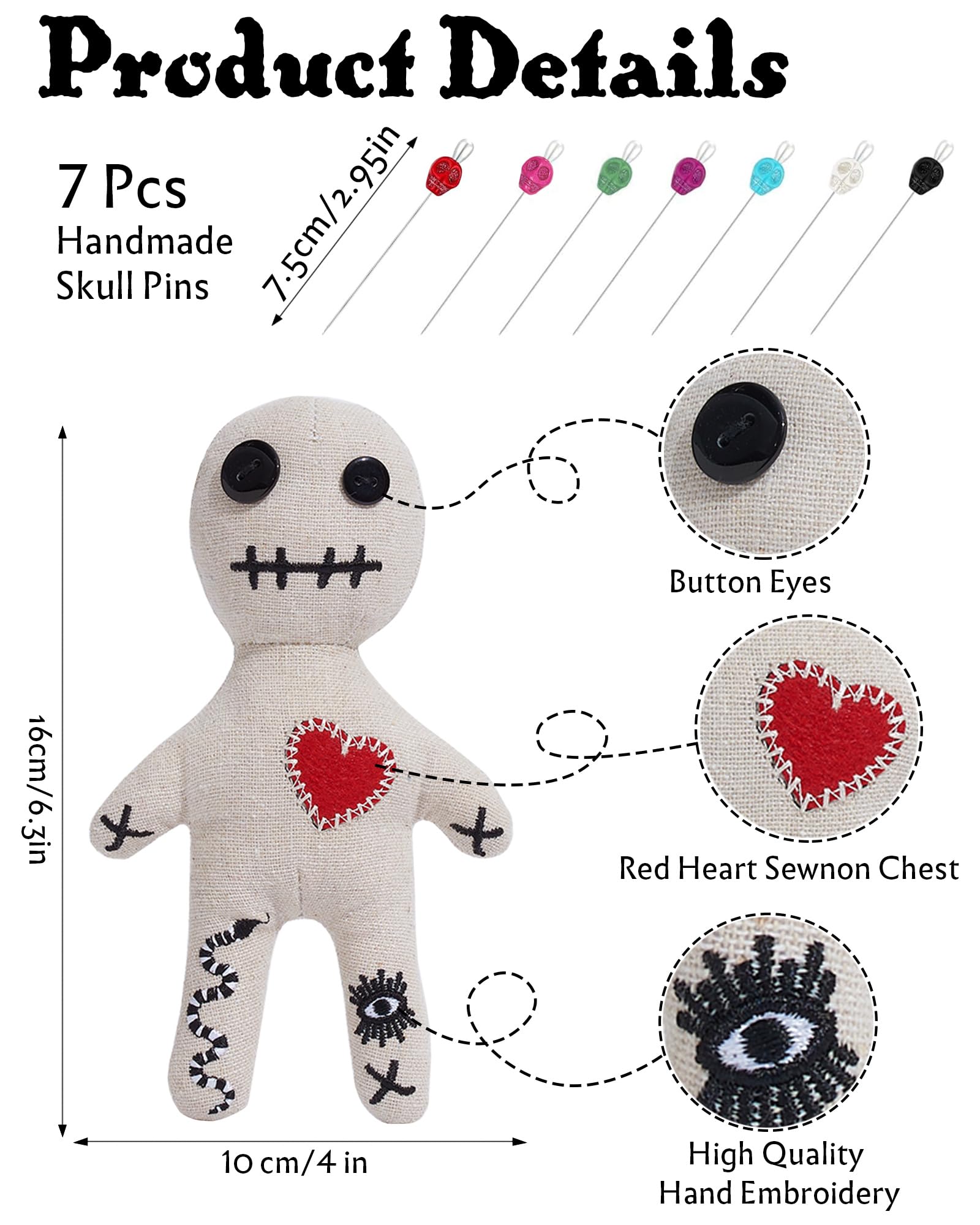 Umakeadeal Voodoo Doll Set Include Spell Cards and 7 Pcs Stress Relief Pins, Dammit Creepy Ghost Doll for Halloween Decoration Ornaments Fidget Toys