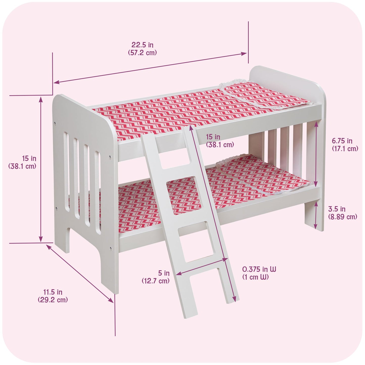 Badger Basket Chevron Doll Bunk Bed with Bedding, Ladder, and Padded Mats - Ideal for Dolls Up to 20 Inches in White and Pink
