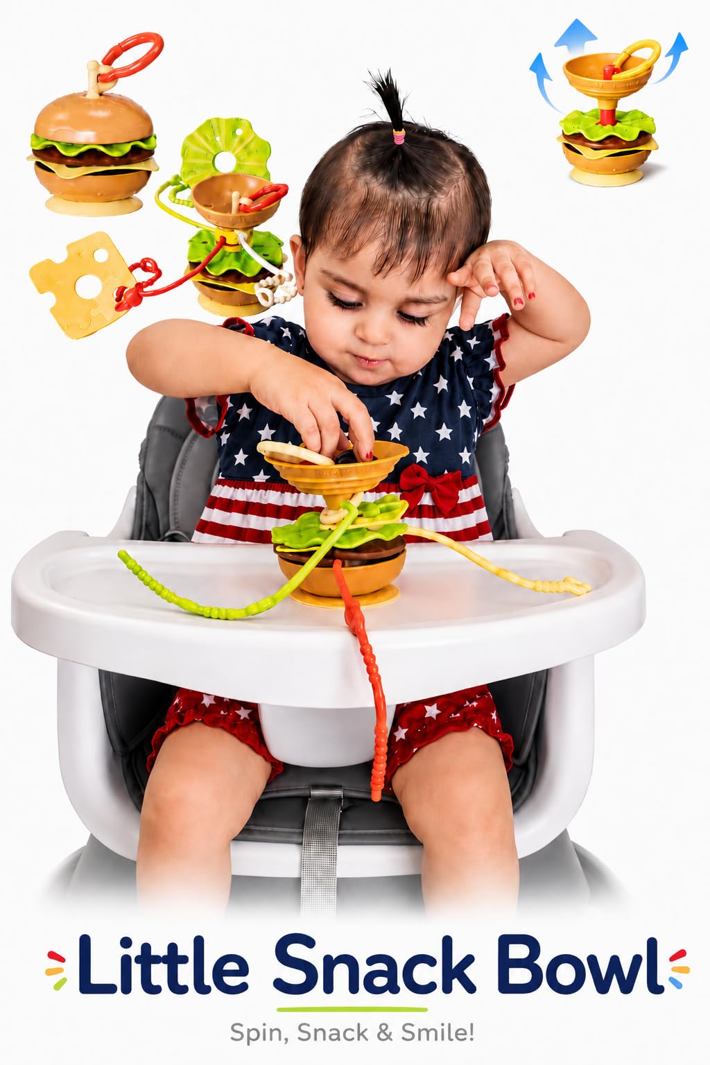 Hamburger Suction Cup Baby Toy Holder for High Chair, Car Seat & Stroller, 3 Tether Straps Keep Toys from Falling Down, BPA-Free Food-Grade Silicone
