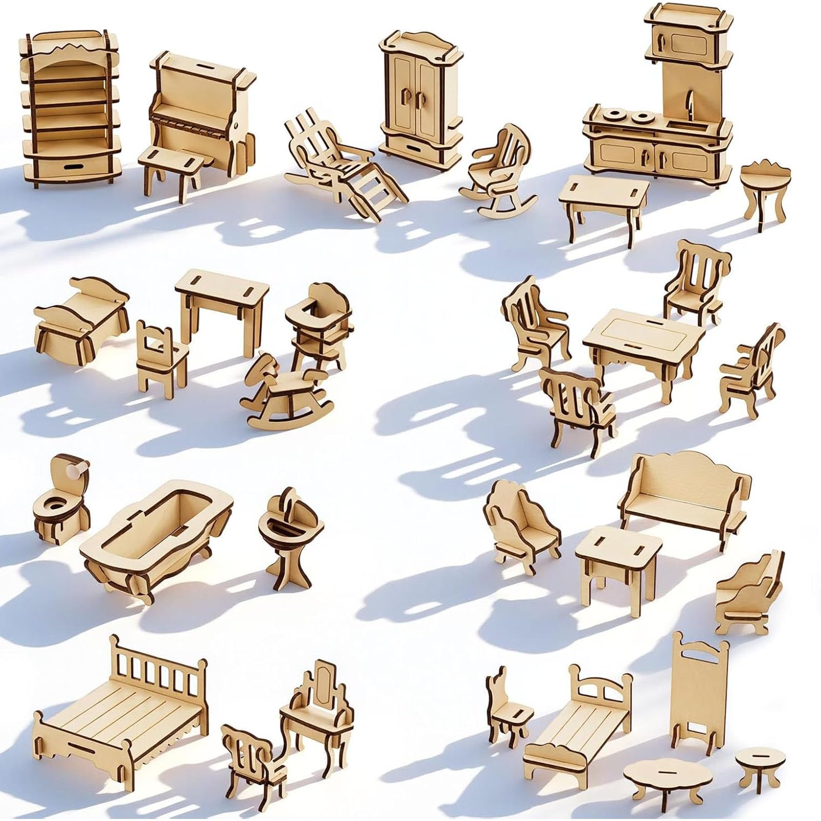 LOVEINUSA 34 PCS DIY Wooden Dollhouse Furniture Set, 1:20 Scale Miniature Room Accessories for Kitchen Living Room Bathroom for DIY Crafts Project