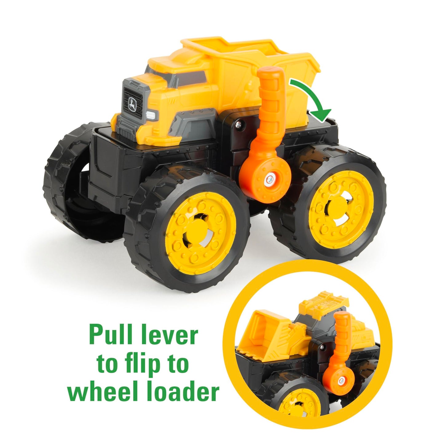 TOMY Monster Treads John Deere Flipper Truck Toy - 2-in-1 Transforming Dump Truck and Loader Toy with Heavy Duty Tires - Kids Construction Toys - Ages