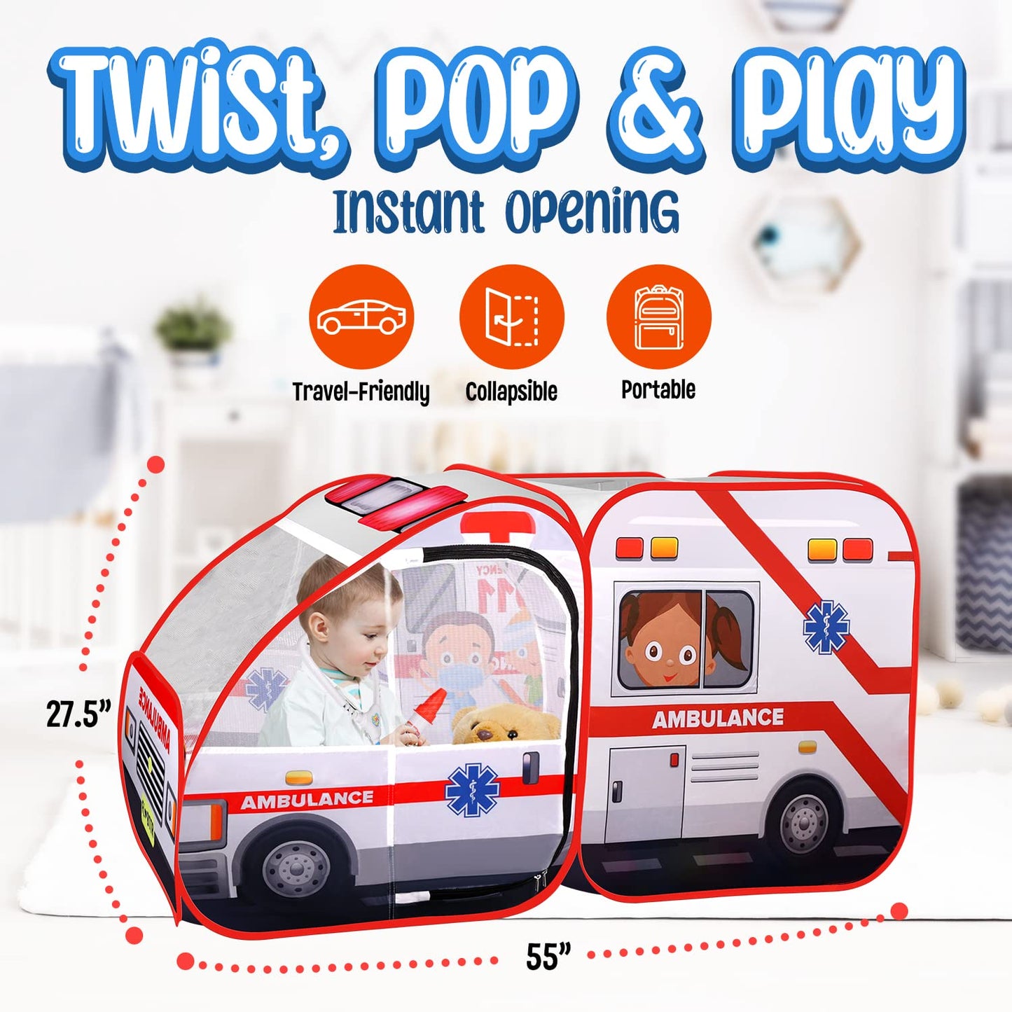 Ambulance Pop-up Play Tent for Kids with Sounds, Doctor Kit & Ball Pit for Toddlers & Up - Easy Setup Pop up Toy for Indoor & Outdoor, Emergency