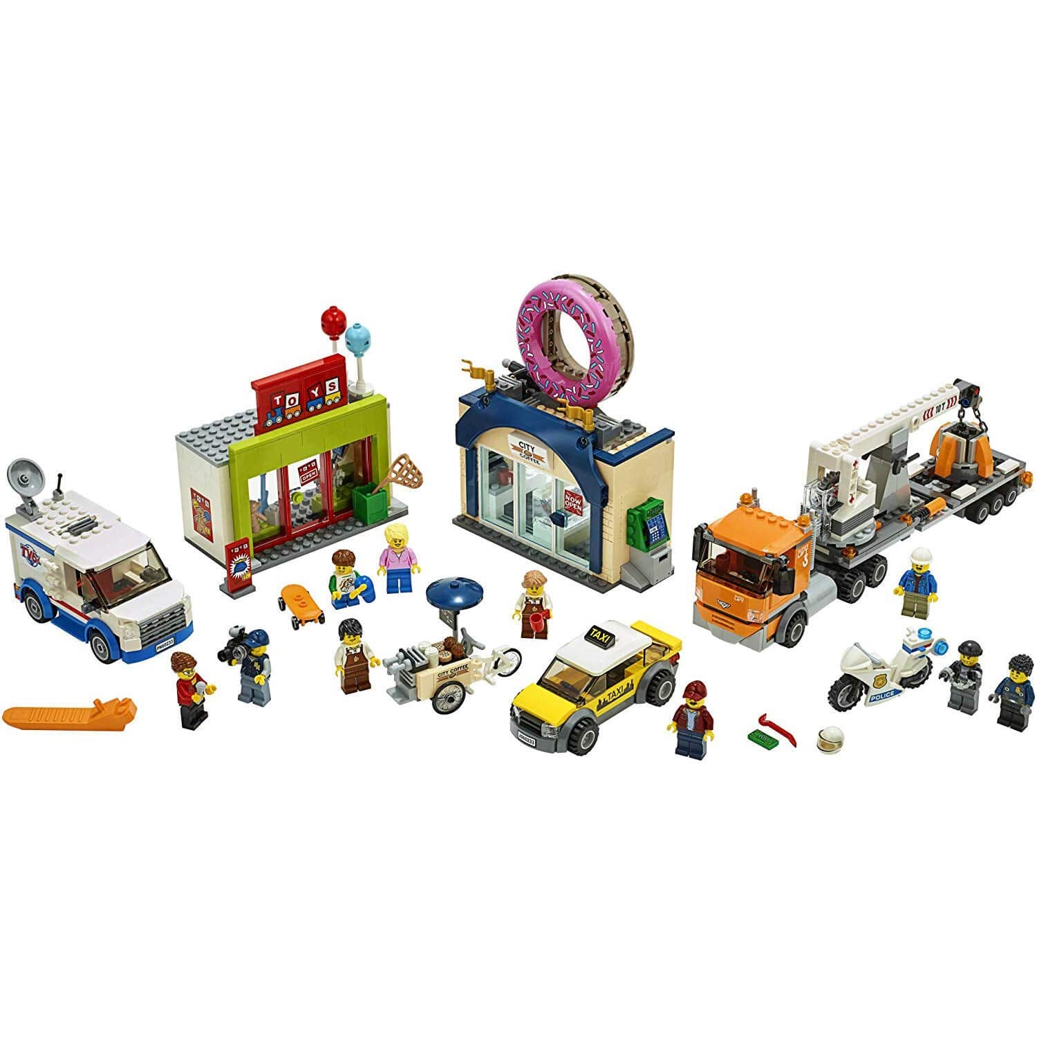 LEGO City Donut Shop Opening 60233 Store Opening Build and Play with Toy Taxi, Van and Truck with Crane, Easy Build with Minifigures for Boys