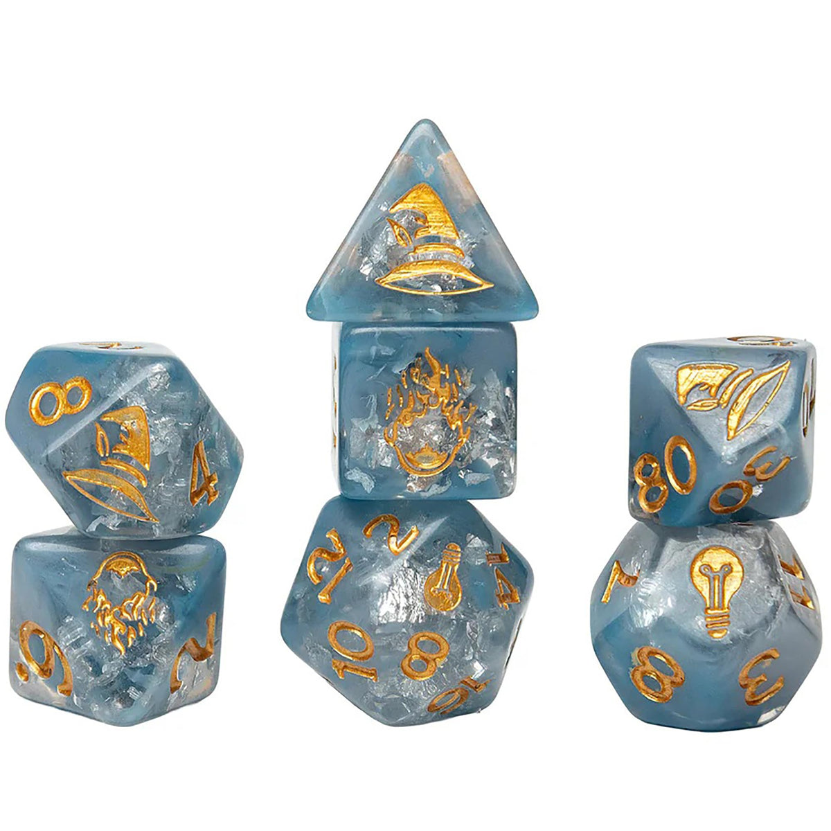 Stranger Things: Adventure Dice - Will - 7pc RPG Set, Blue & Silver Fleck, Gold Icons, Cleric Class, Collectible Roleplaying Game Accessory, Licensed