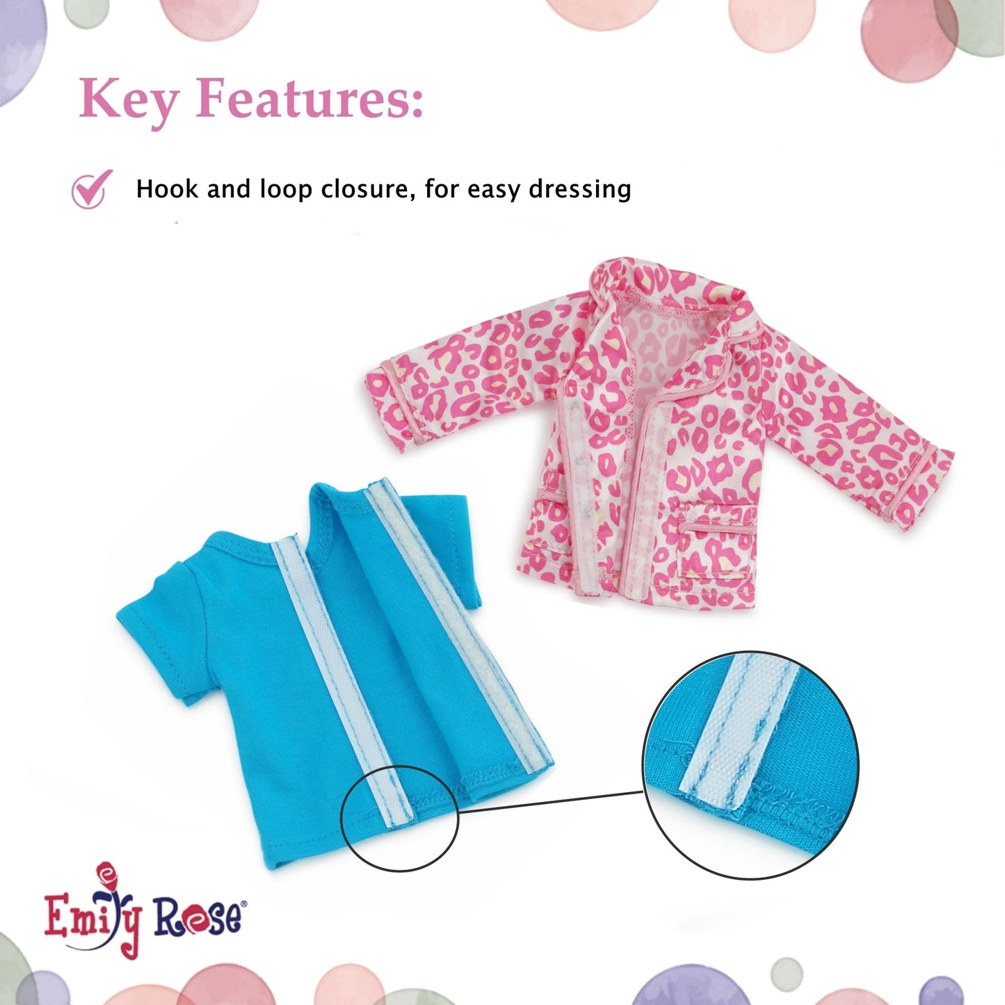 Emily Rose 14 Inch Doll 8-Piece Pajama Bundle | Silky Animal Print, Heart Footed Onesie & Plaid PJs with Slippers - Includes Teddy Bear & Eye Mask |
