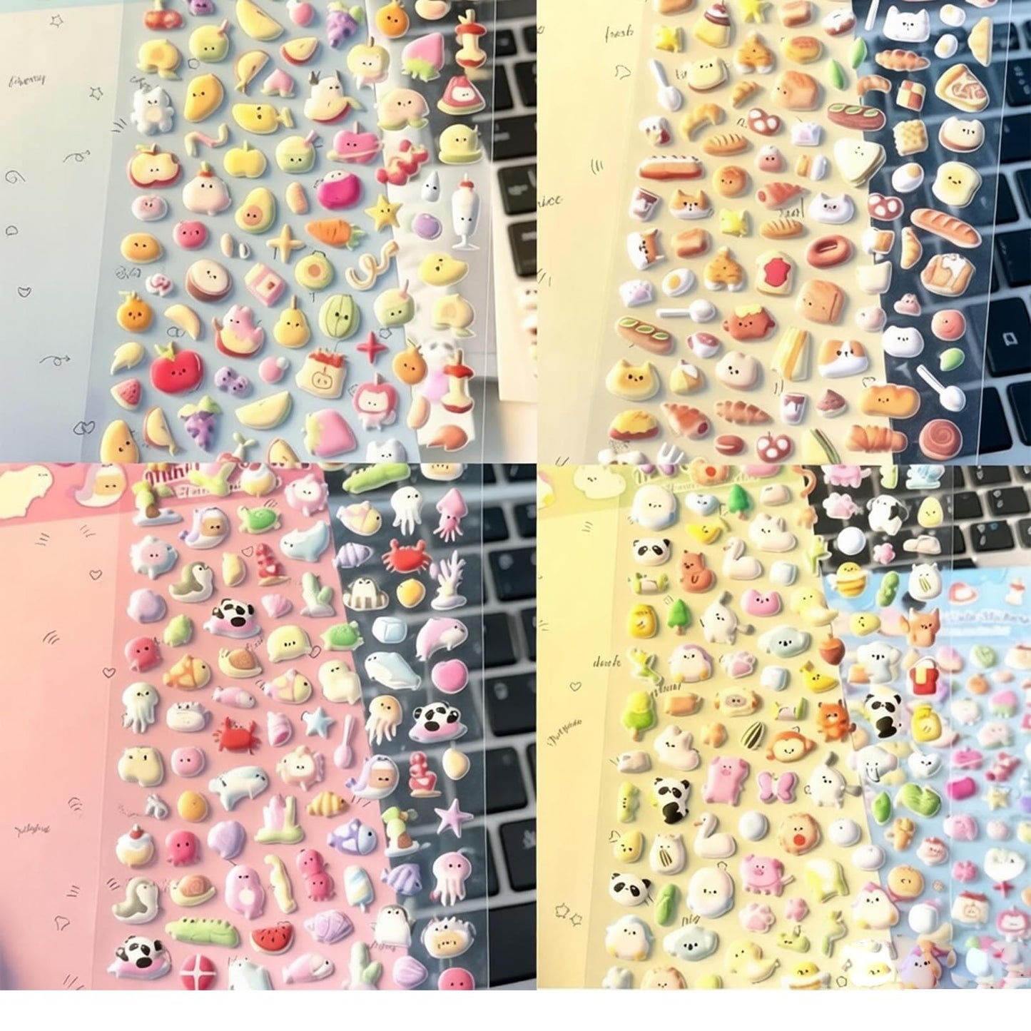 Mini Puffy Cute 3D Stickers DIY Decorative Adhesive Craft Clip and Paste Sticker Set for Boys and Girls Includes 4 Sheets Featuring Animals Food