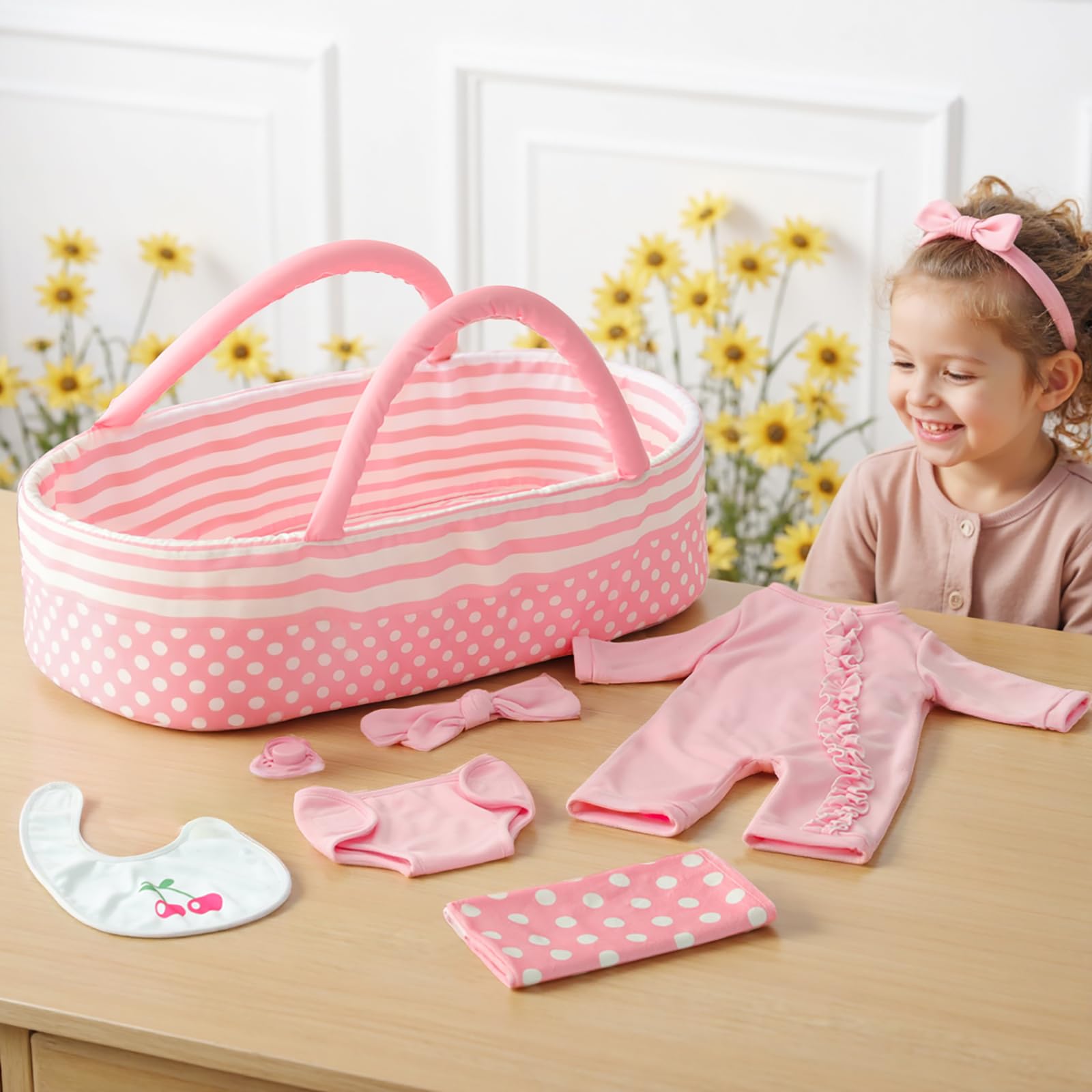 CALiugsi 8 Pcs Reborn Doll Clothes with Bassinet for 17-22 Inch Baby Dolls Outfit Accessories Set with Bunny Toy for Newborn Girl, Pink (Not Doll)