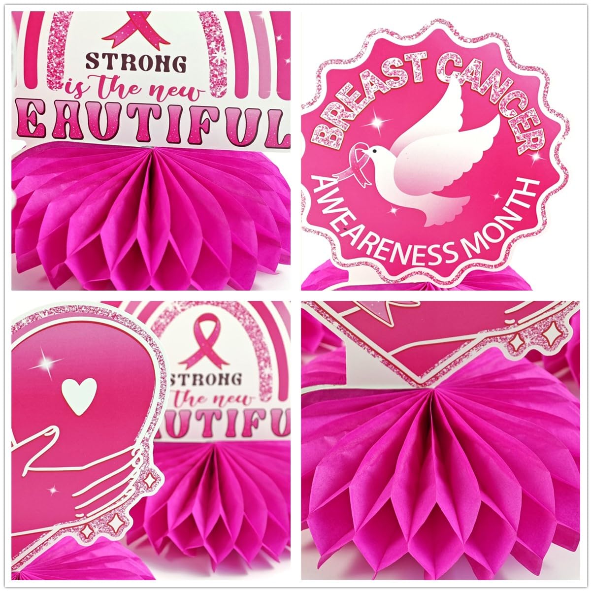 LOONELO 9pcs Breast Cancer Awareness Honeycomb Centerpieces Decorations, Pink Ribbon Centerpiece Table Toppers, Faith Strength Courage Table