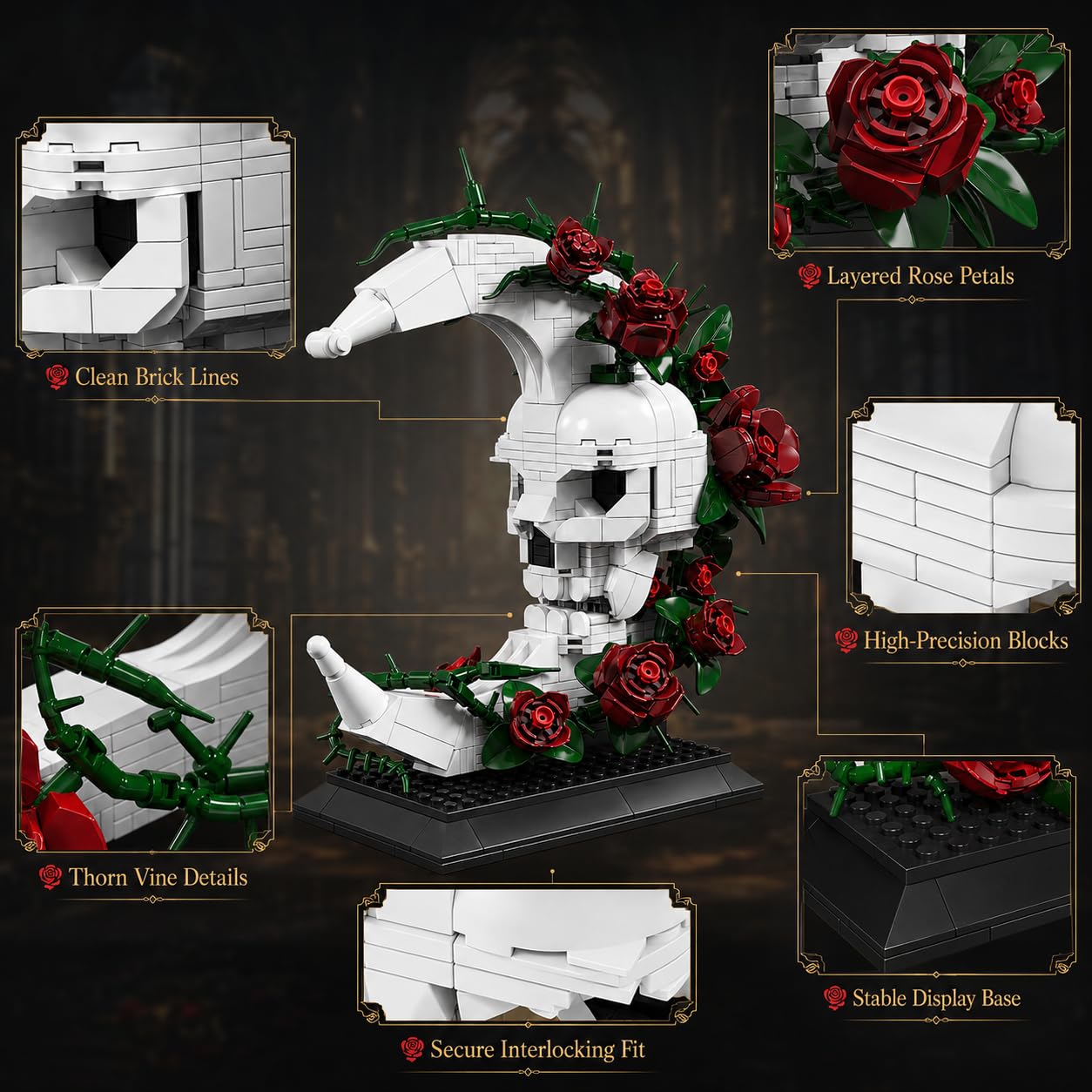 JYLWSMHU Skull Moon Rose Building Block Set Gothic Skeleton Head with Red Flowers Goth Horror Skeleton Pot Home Table Decor for Adults 606PCS
