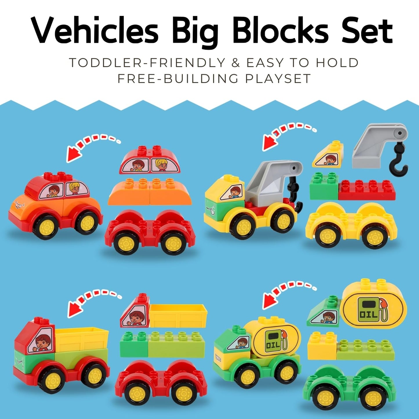 Liberty Imports 70 Pcs Toddlers Car Big Building Blocks Set, 12Pcs Different Vehicles, Kids Build Your Own Toy Cars, Compatible with Major Brands