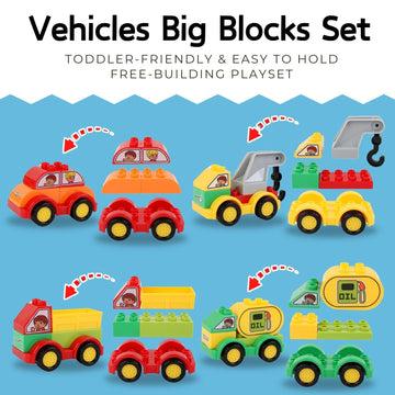 Liberty Imports 70 Pcs Toddlers Car Big Building Blocks Set, 12Pcs Different Vehicles, Kids Build Your Own Toy Cars, Compatible with Major Brands