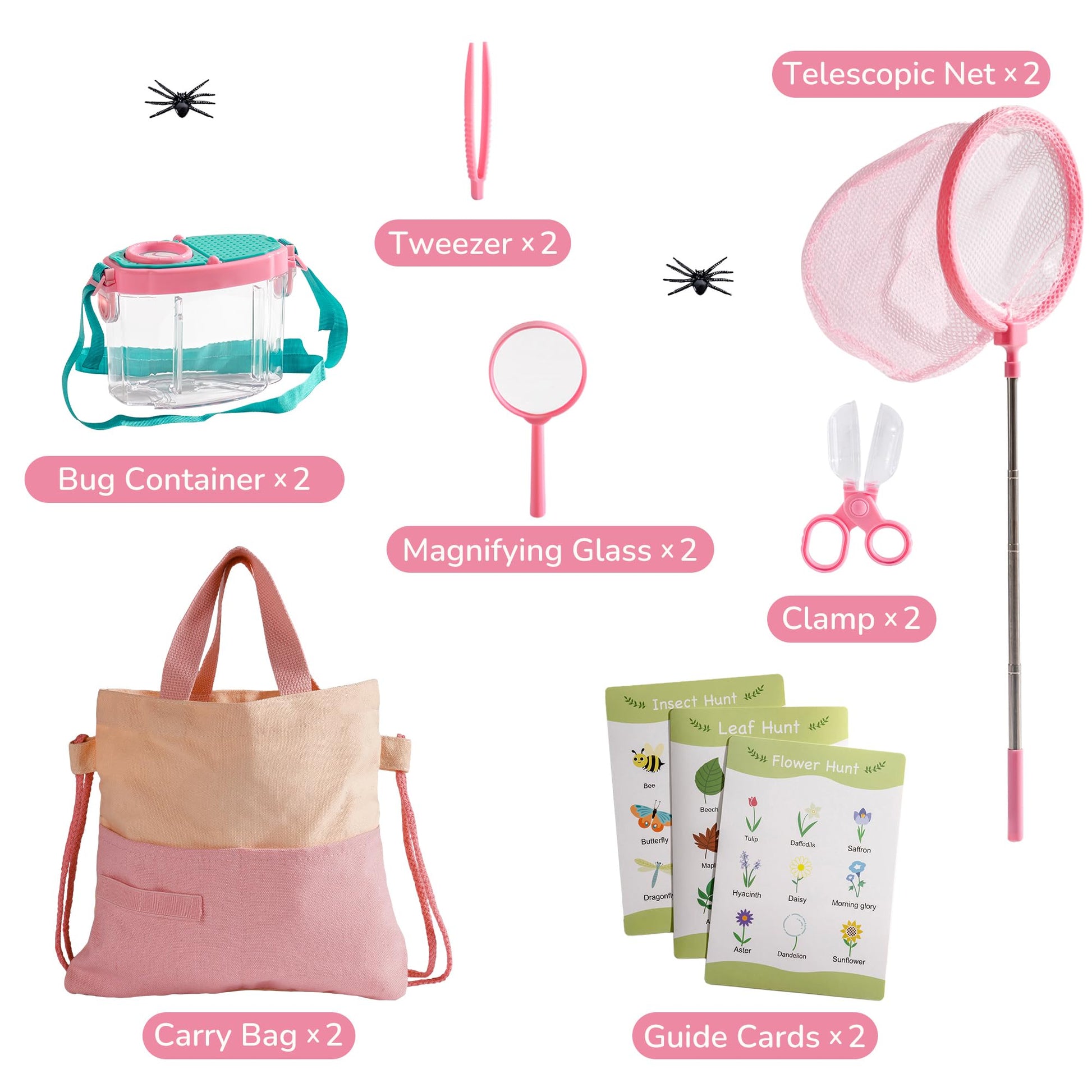ROBOTIME 2-Person Bug Catcher Kit for Kids - Complete Pink Outdoor Explorer Set with Double Tools for Siblings & Friends (Ages 3+)