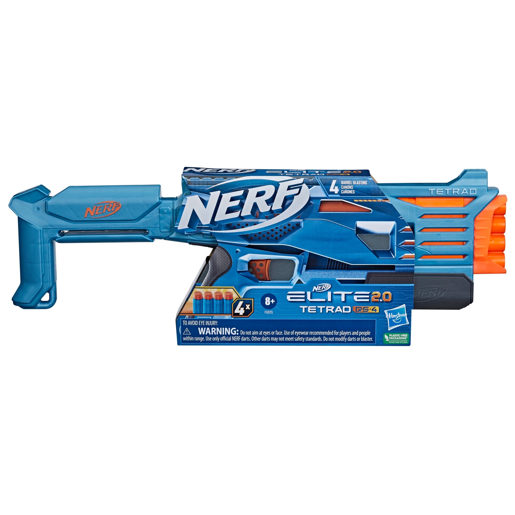 Nerf Elite 2.0 Tetrad QS-4 Blaster, Includes 4 Nerf Elite Darts, 4-Barrel Blasting, Tactical Rail for Customizing Capability, Pump Action