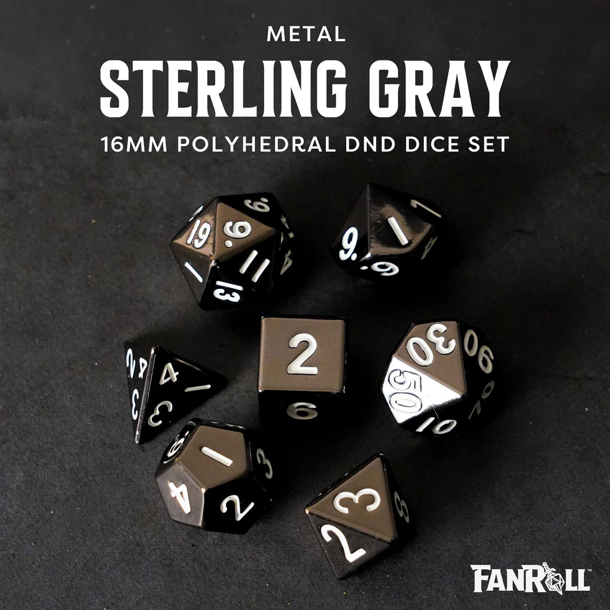 FanRoll 16mm Metal Polyhedral DND Dice Set: Sterling Gray, Role Playing Game Dice for Dungeons and Dragons