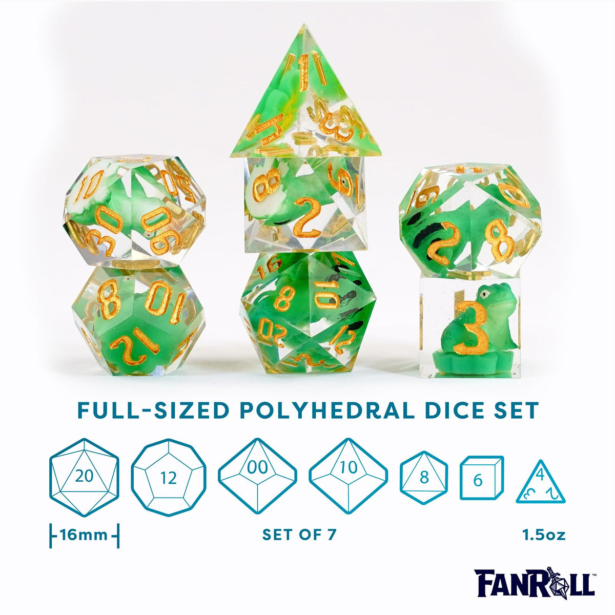 FanRoll Sharp Edge Resin DND Dice Set: Frog Dice, Role Playing Game Dice for Dungeons and Dragons