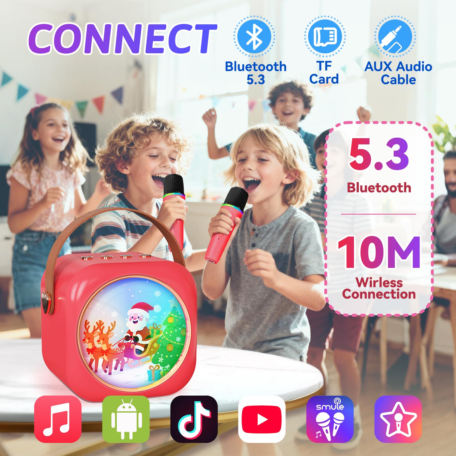 Karaoke Machine for Kids with 2 Wireless Microphones,Girls Speaker with Christmas Colorful LED Lights,Birthday Gift for 3-12 Years Old,Portable Toys
