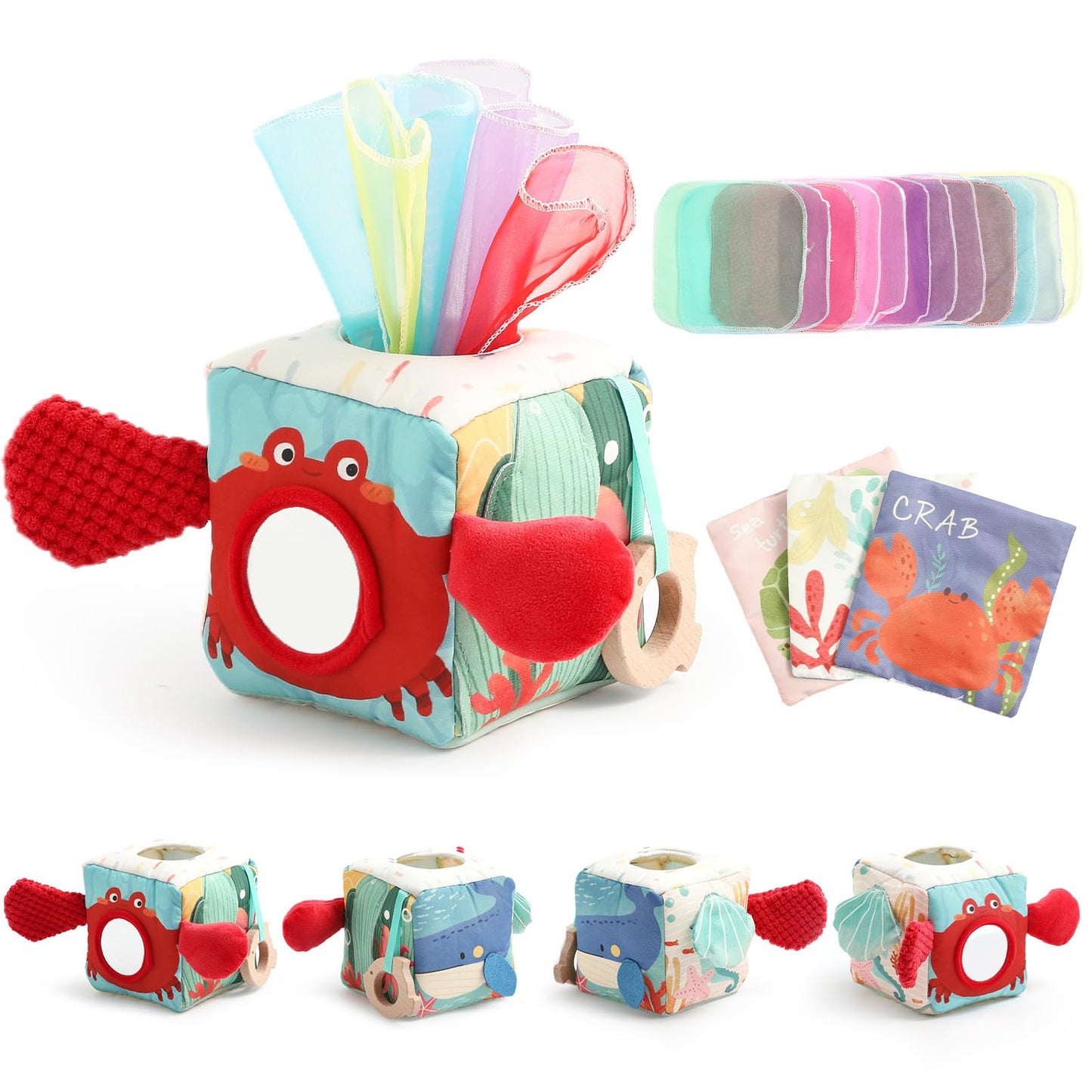Soft Fabric Tissue Box Toy for 6-12 Months Baby - Sensory Development Toy for Tummy Time, Crinkle Paper & Safety Mirror (Infant Sensory Toy)