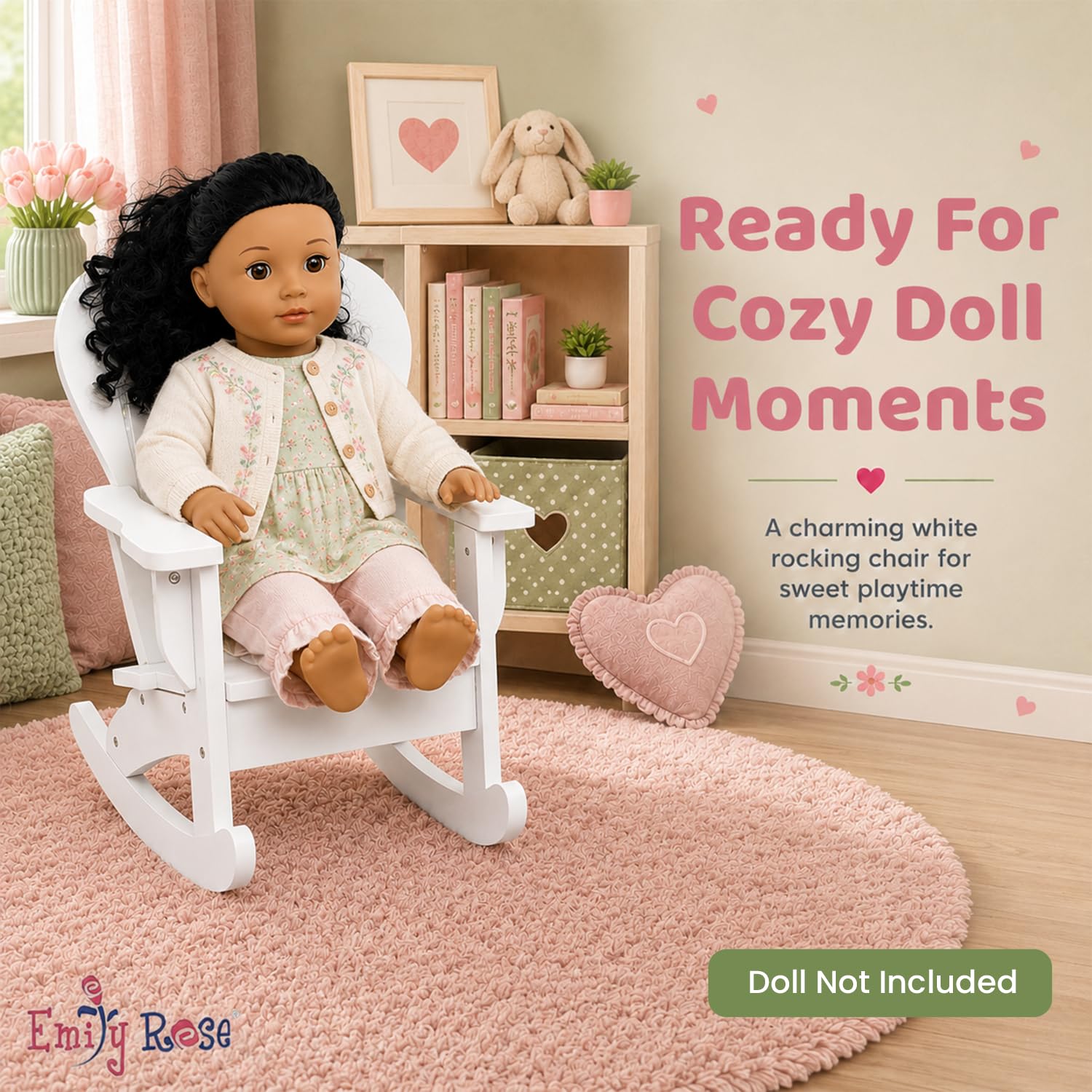 Emily Rose 18" Doll Adirondack Rocking Chair - Pink Wooden Heart-Back Design Furniture with Smooth Rocking Motion - USA Brand - Compatible