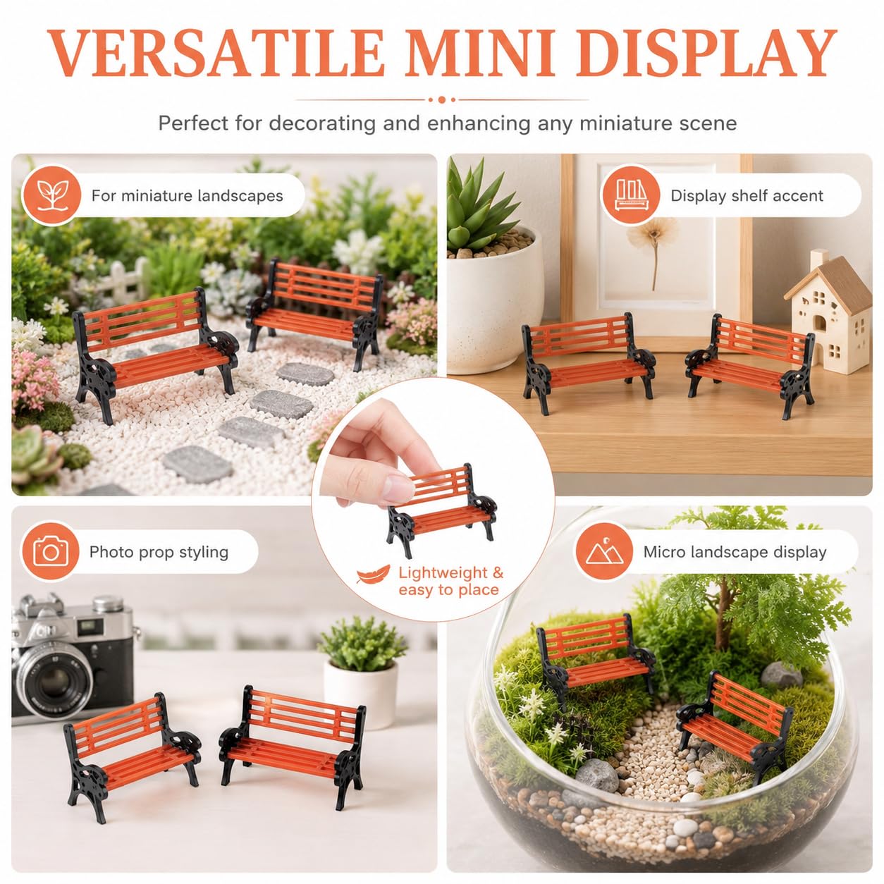 Miniature Park Bench Set 2-Pack - 1:16 Scale Brown Garden Seats with Realistic Detailing, Tiny Park Benches for Dollhouse and Fairy Garden
