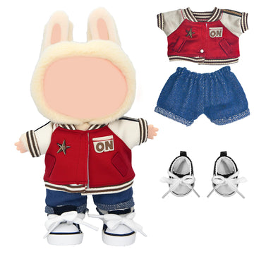 3-Piece 17cm Doll Outfit Set - Baseball Jacket, Denim Pants & Canvas Shoes - Red Sporty Style for Collectible Figures - No Doll Included