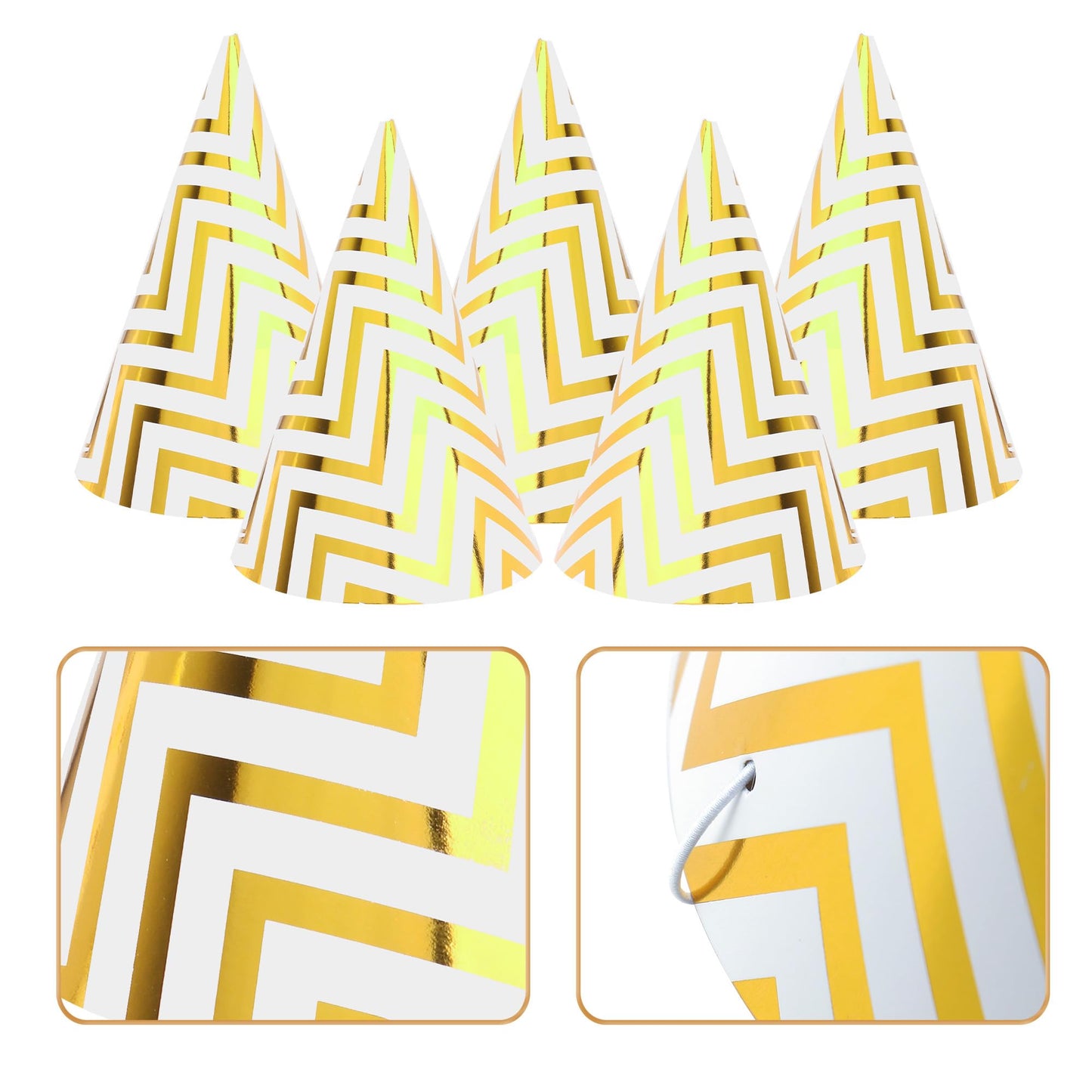 Boieo 10 Pack Gold Party Hats for Adults and Kids, Birthday Party Hats Bulk with Adjustable Elastic String, DIY Paper Cones 7.9 Inch, Metallic Foil