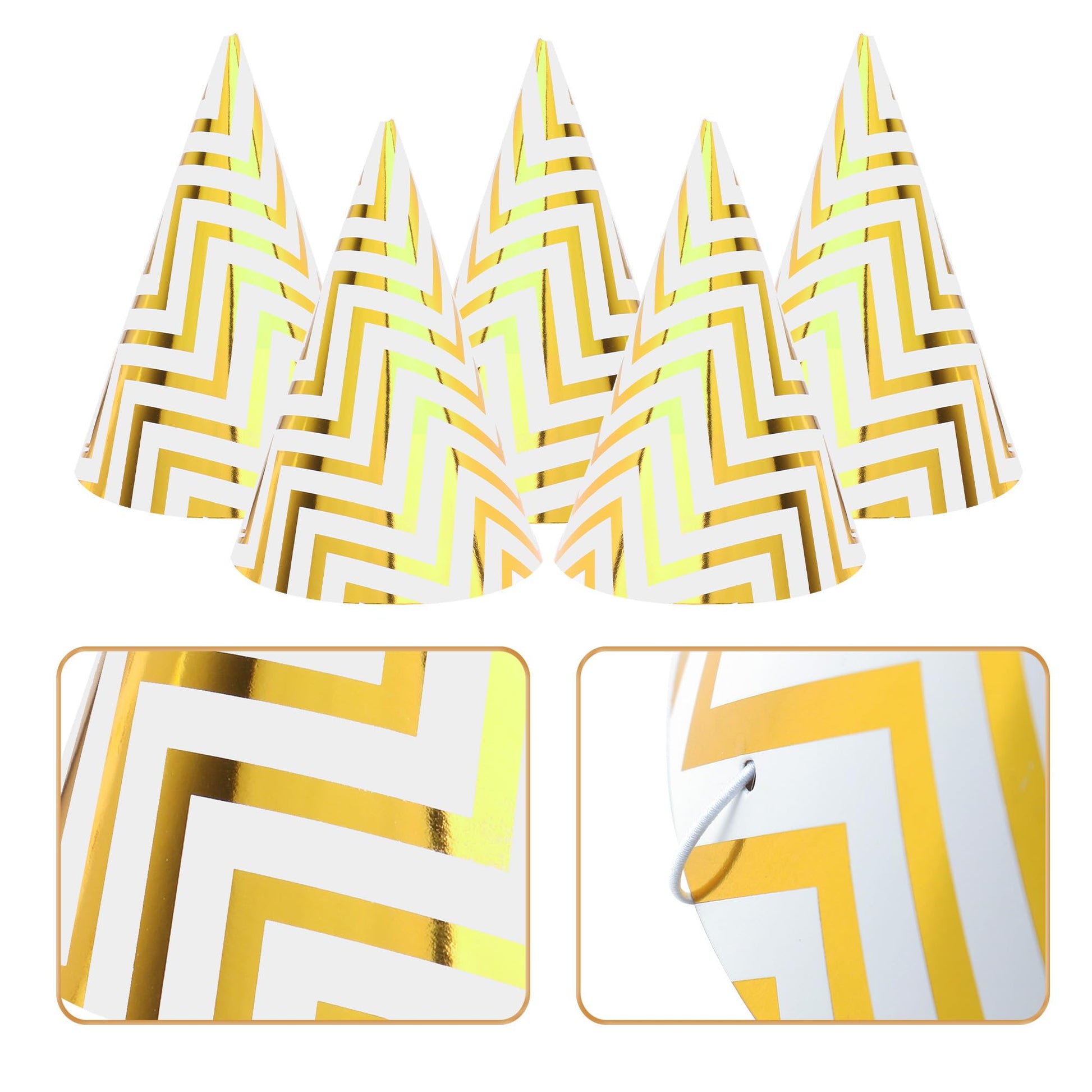 Boieo 10 Pack Gold Party Hats for Adults and Kids, Birthday Party Hats Bulk with Adjustable Elastic String, DIY Paper Cones 7.9 Inch, Metallic Foil