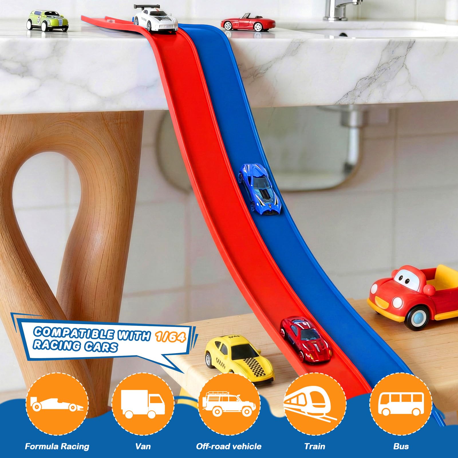 Flexible Race Car Track 6.5 Ft Starter Set with Suction Cups Diecast 1/64th Car for Ages 3 & Up Track Long Rolls Up Portable (6.5Ft Blue&Red)