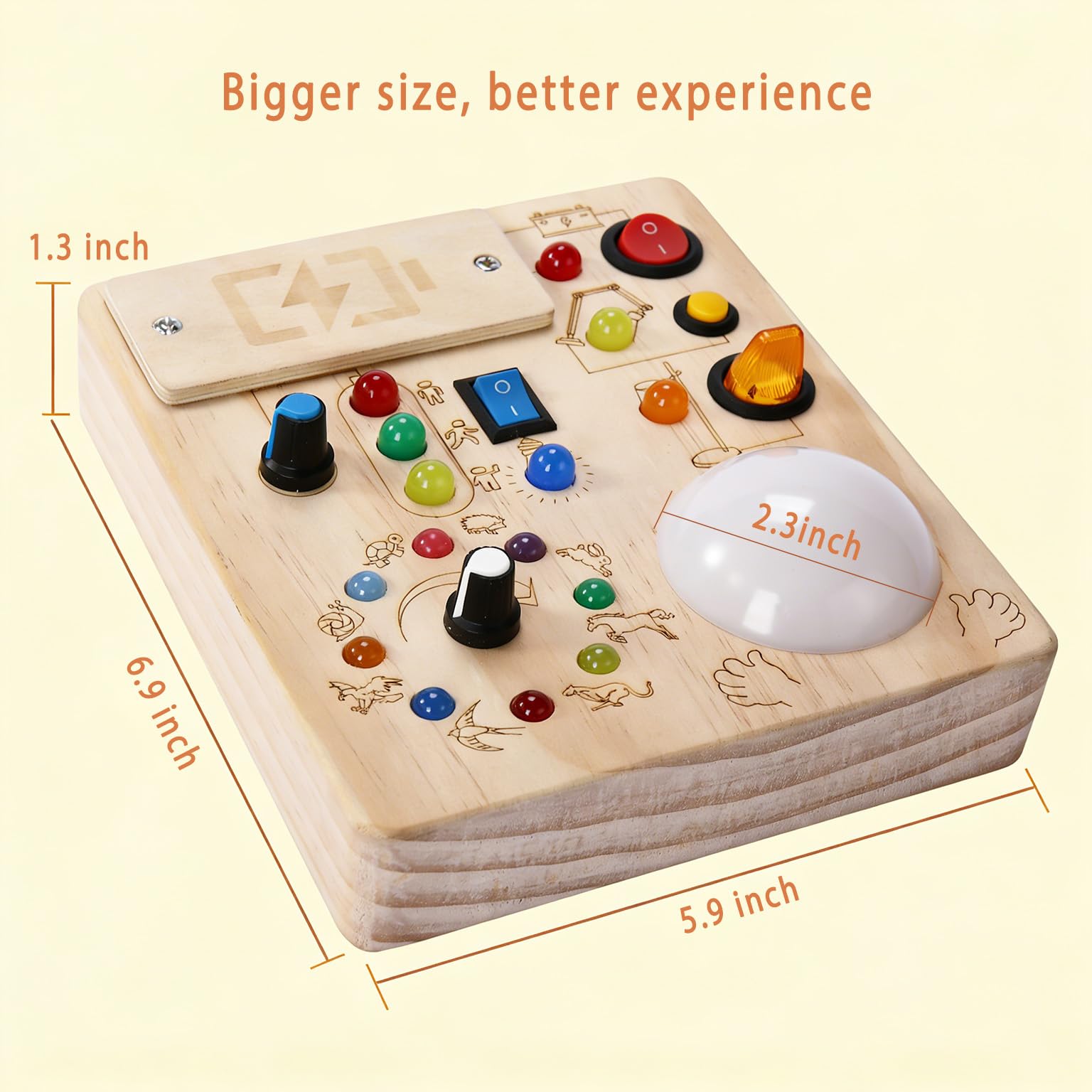 Toddler Busy Board ,Montessori Toy with Tap Light ,6.9"x5.9" Wooden Busy Board with LED Traffic Light for Kids , Travel Sensory Toys for 1+ Year Old