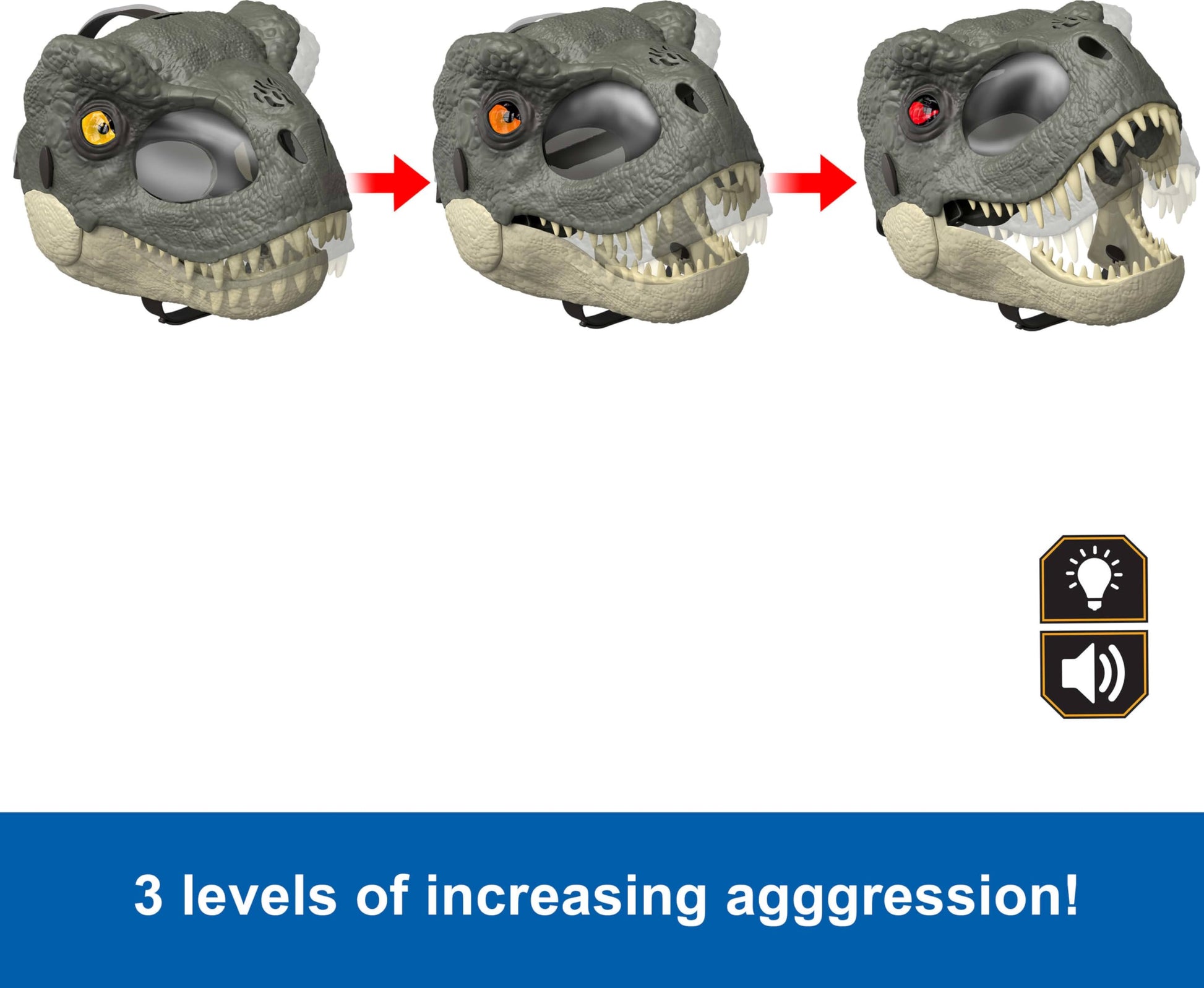 Mattel Jurassic World Rebirth T-Rex Rage N Roar Mask with LED Light Up Eyes, Blink Action with 3 Level Aggression Effect, Dinosaur Costume Headgear