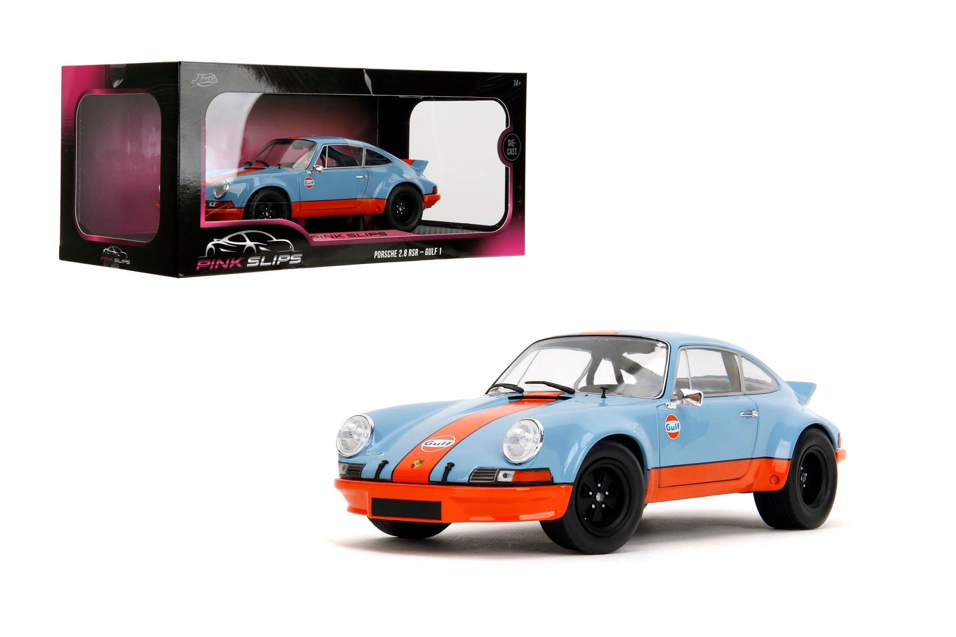 Jada Pink Slips 1973 Porsche 911 RSR - 1:18 Scale Diecast Model with Gulf Livery, Opening Doors and Working Steering - for Collectors and Enthusiasts
