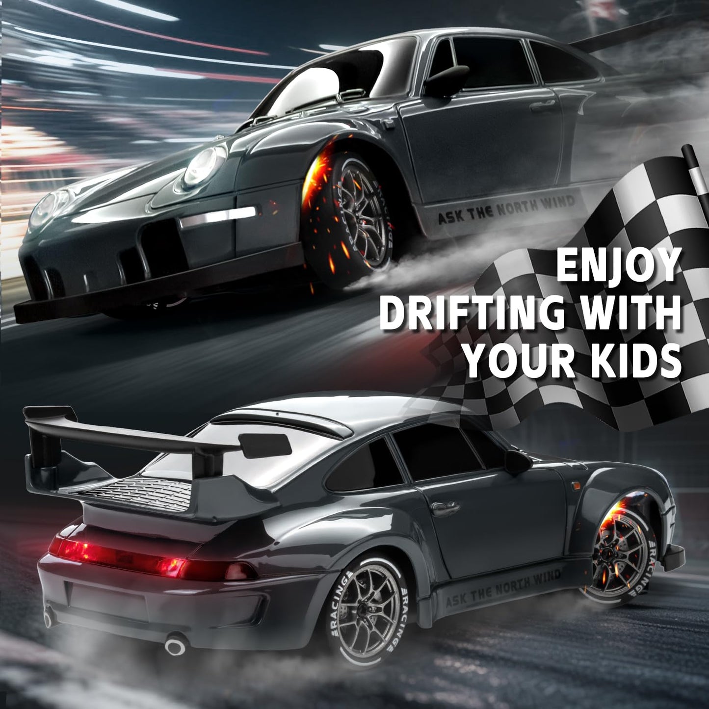 Nowzeth RC Drift Car 1/24 Widebody Grey Remote Control Drift Car for Adults