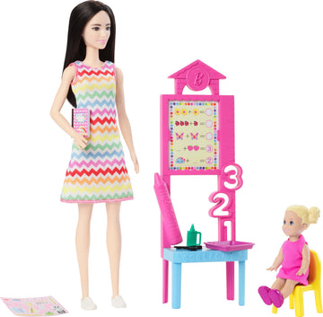 Barbie Teacher with Blonde Fashion Doll with Printed Dress, 1 Toddler Doll, & Teaching Accessories