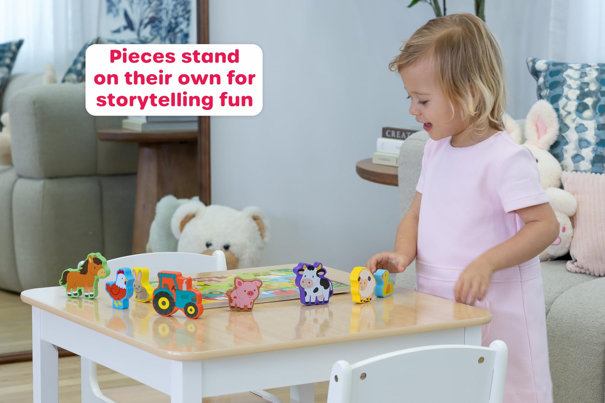 Jasey's Toy Chest Wooden Farm Puzzle & Play Pieces | 9-Piece Chunky Animal Puzzle with Board | Educational Toy for Toddlers Ages 12+ Months